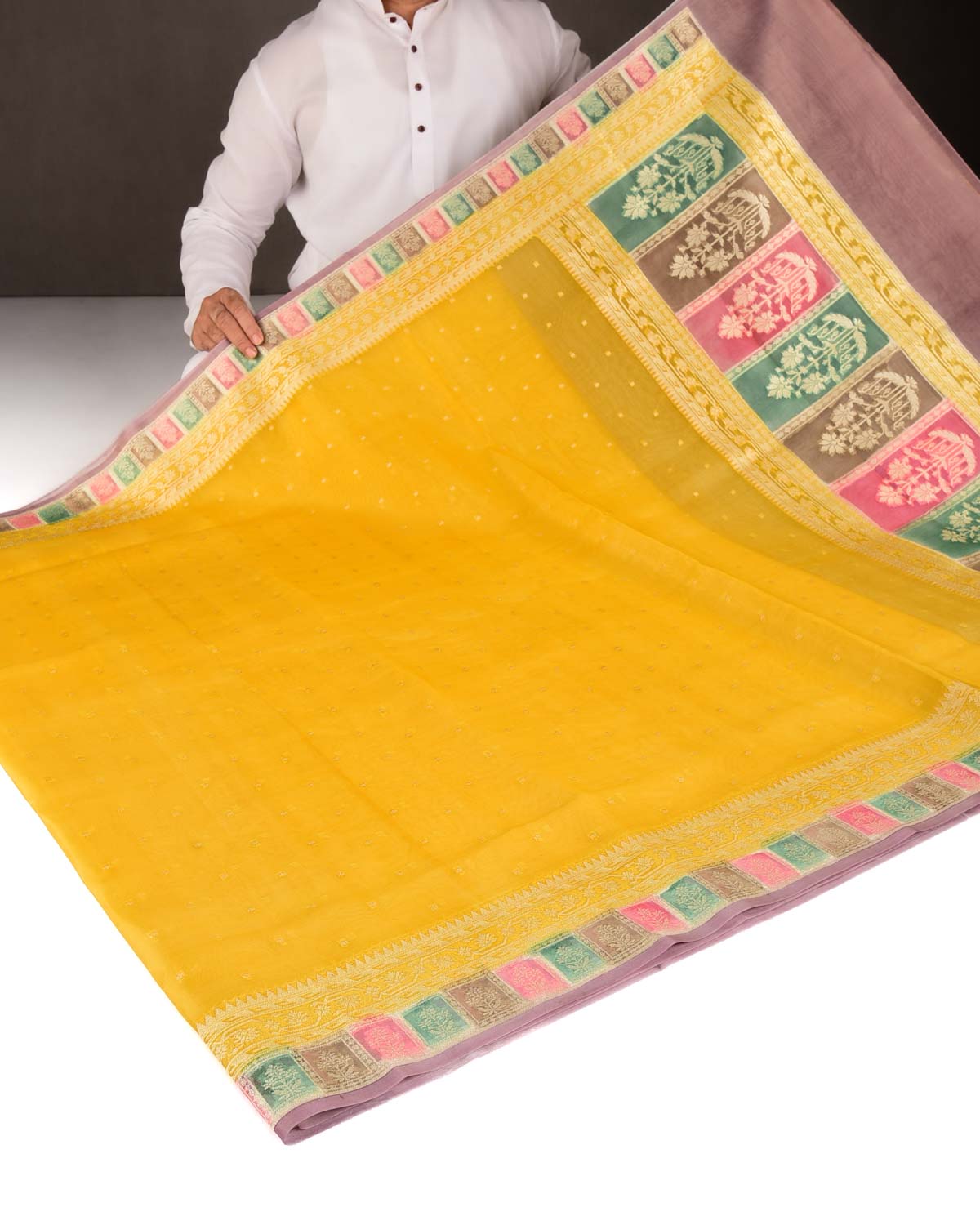 Yellow Gold Zari Buti Hand Brush Dye Cutwork Brocade Woven Kora Silk Banarasi Saree-HolyWeaves