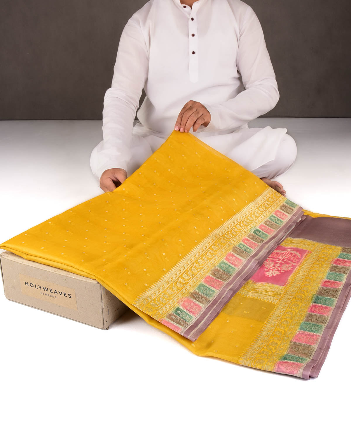 Yellow Gold Zari Buti Hand Brush Dye Cutwork Brocade Woven Kora Silk Banarasi Saree-HolyWeaves