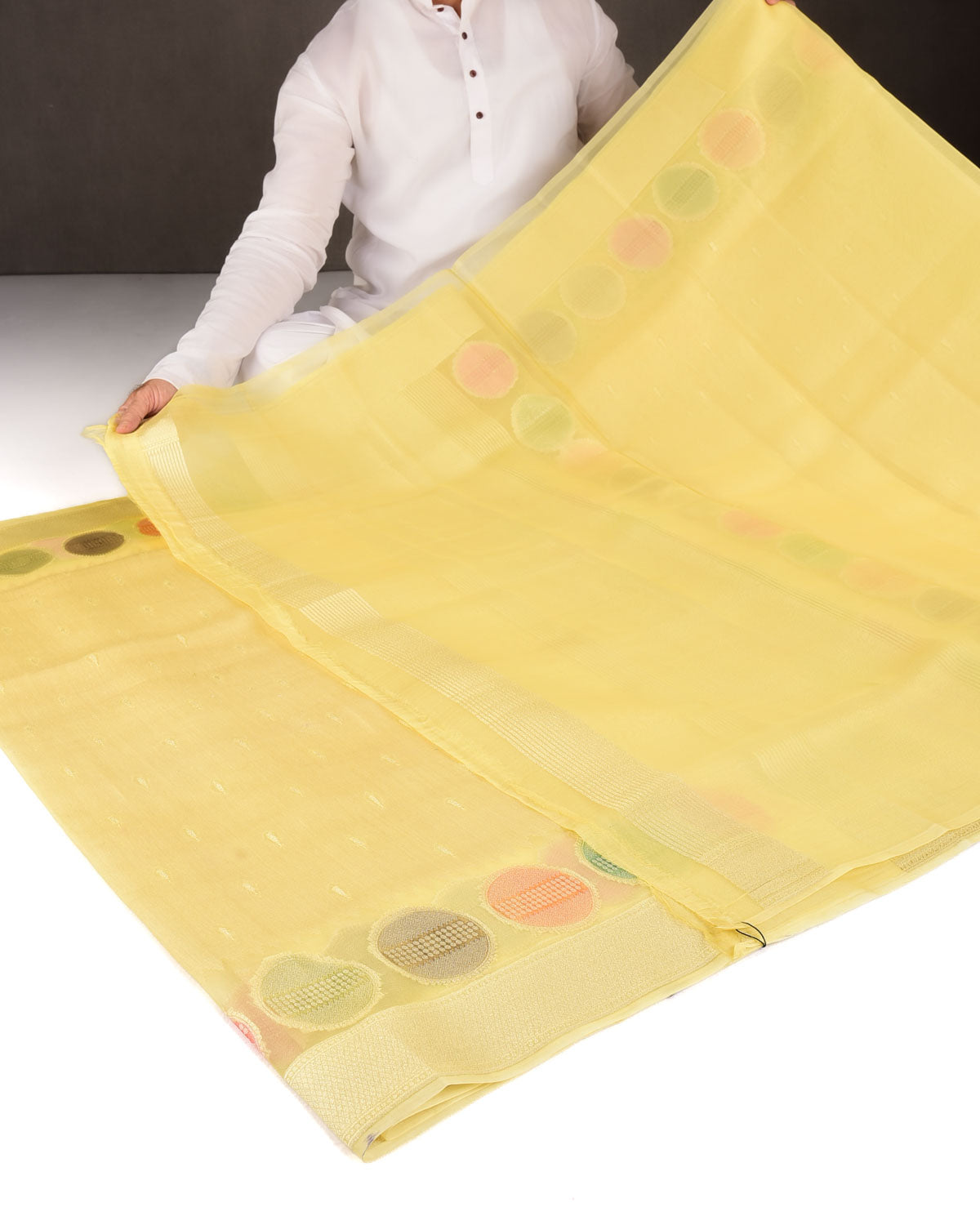 Yellow Gold Zari Buti Hand Brush Dye Spheres Cutwork Brocade Woven Kora Silk Banarasi Saree-HolyWeaves