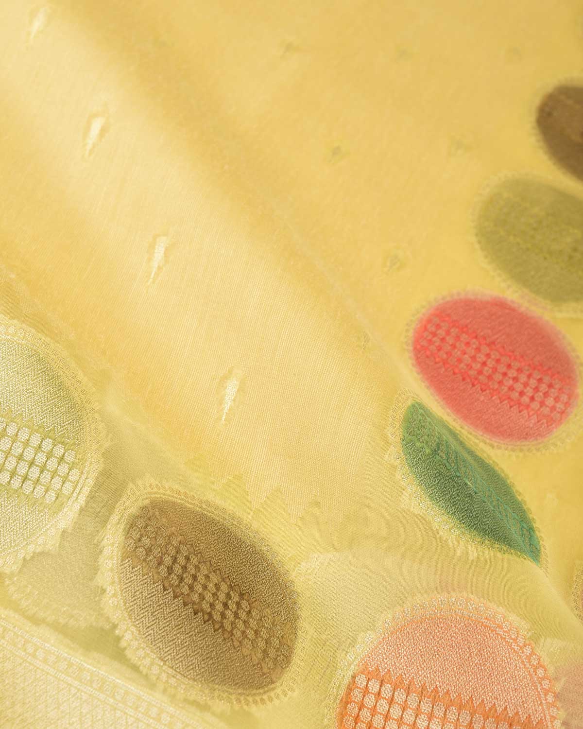Yellow Gold Zari Buti Hand Brush Dye Spheres Cutwork Brocade Woven Kora Silk Banarasi Saree-HolyWeaves