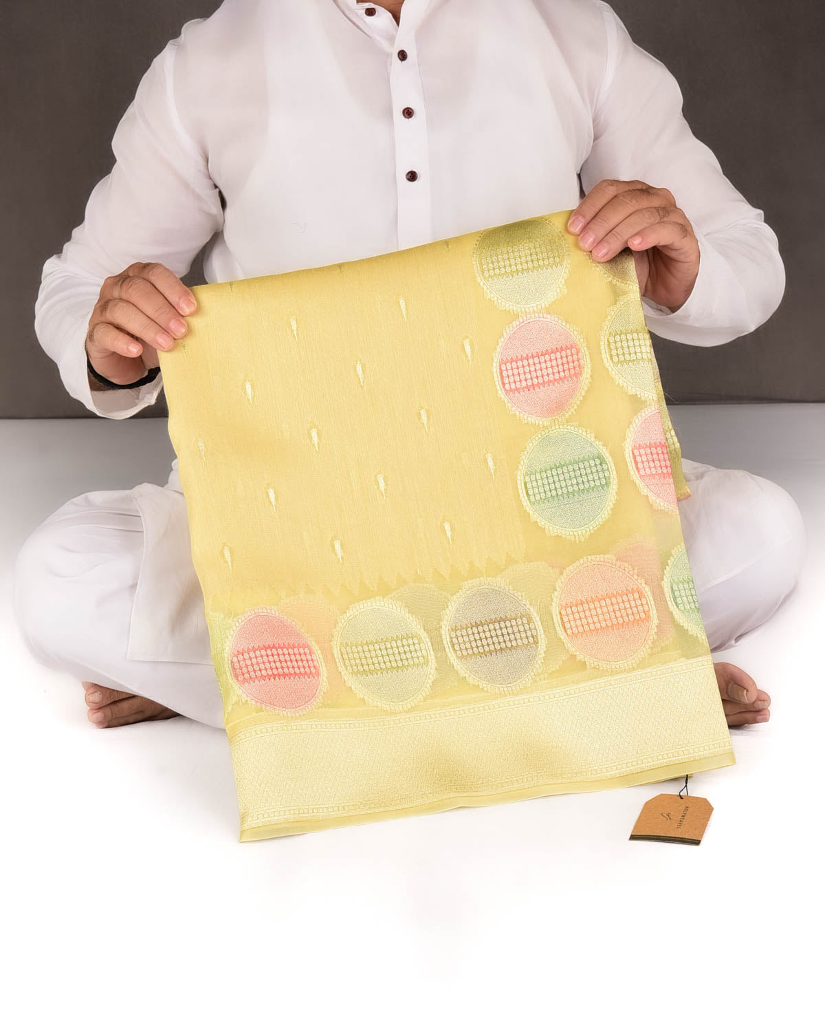Yellow Gold Zari Buti Hand Brush Dye Spheres Cutwork Brocade Woven Kora Silk Banarasi Saree-HolyWeaves