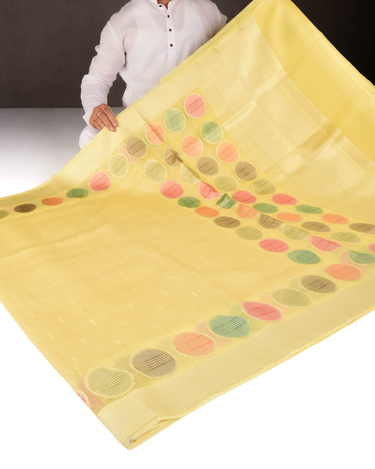 Yellow Gold Zari Buti Hand Brush Dye Spheres Cutwork Brocade Woven Kora Silk Banarasi Saree-HolyWeaves