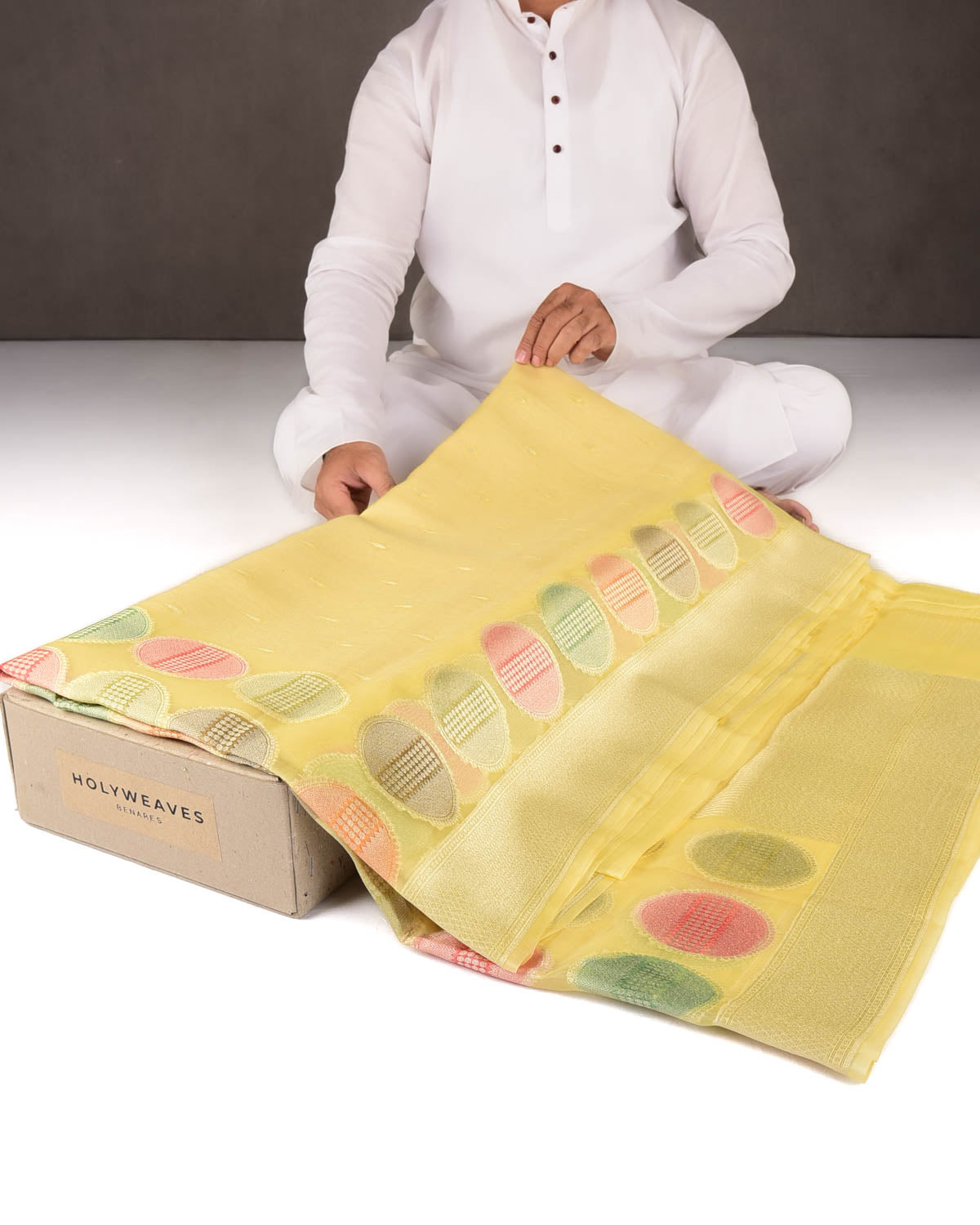Yellow Gold Zari Buti Hand Brush Dye Spheres Cutwork Brocade Woven Kora Silk Banarasi Saree-HolyWeaves