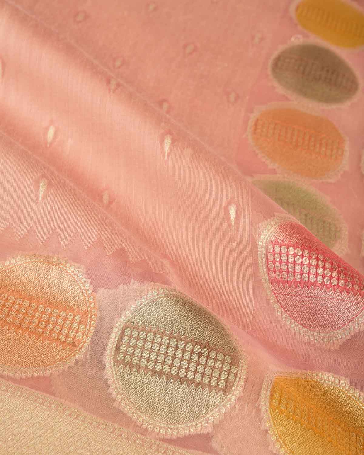 Rosy Brown Gold Zari Buti Hand Brush Dye Spheres Cutwork Brocade Woven Kora Silk Banarasi Saree-HolyWeaves