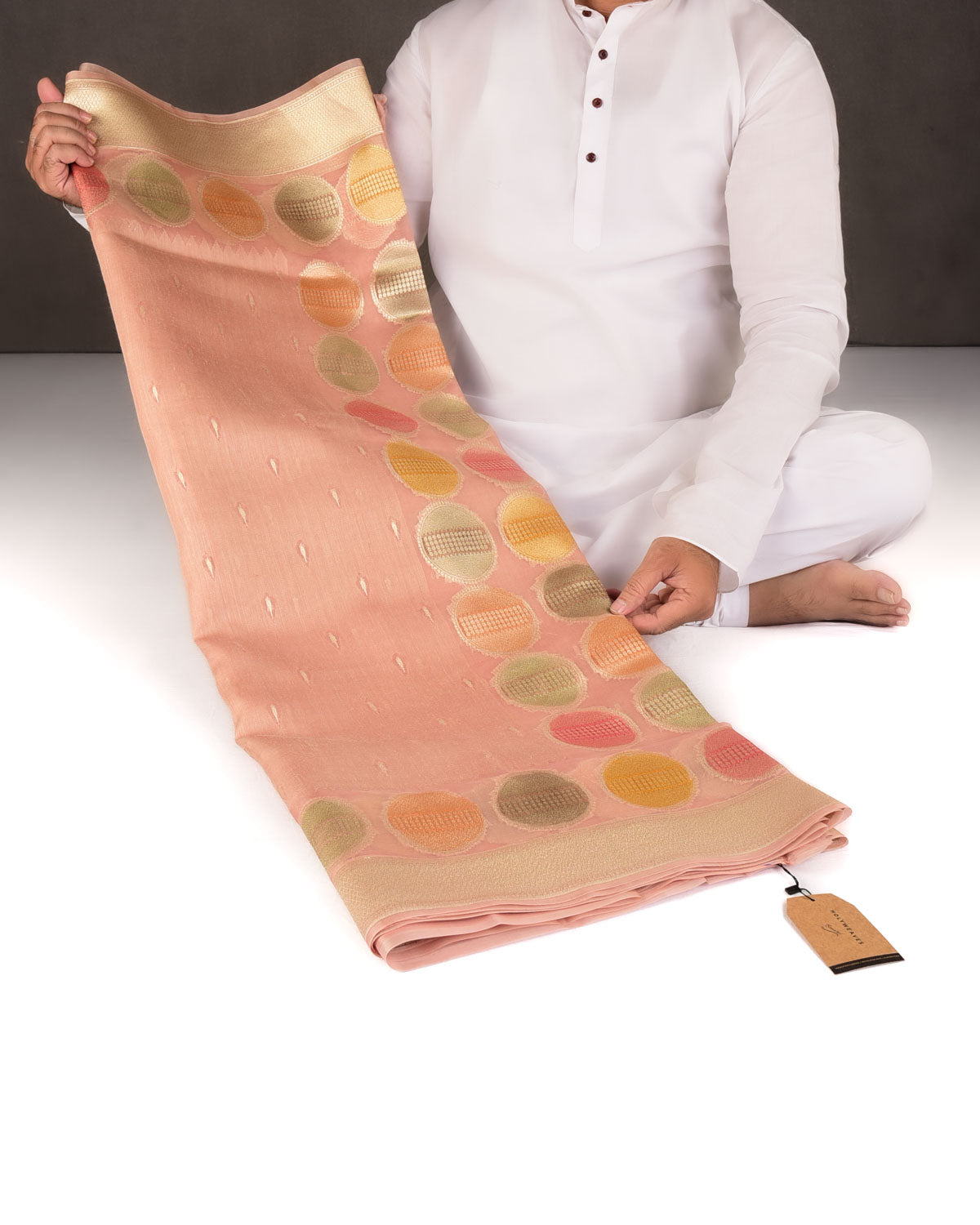 Rosy Brown Gold Zari Buti Hand Brush Dye Spheres Cutwork Brocade Woven Kora Silk Banarasi Saree-HolyWeaves