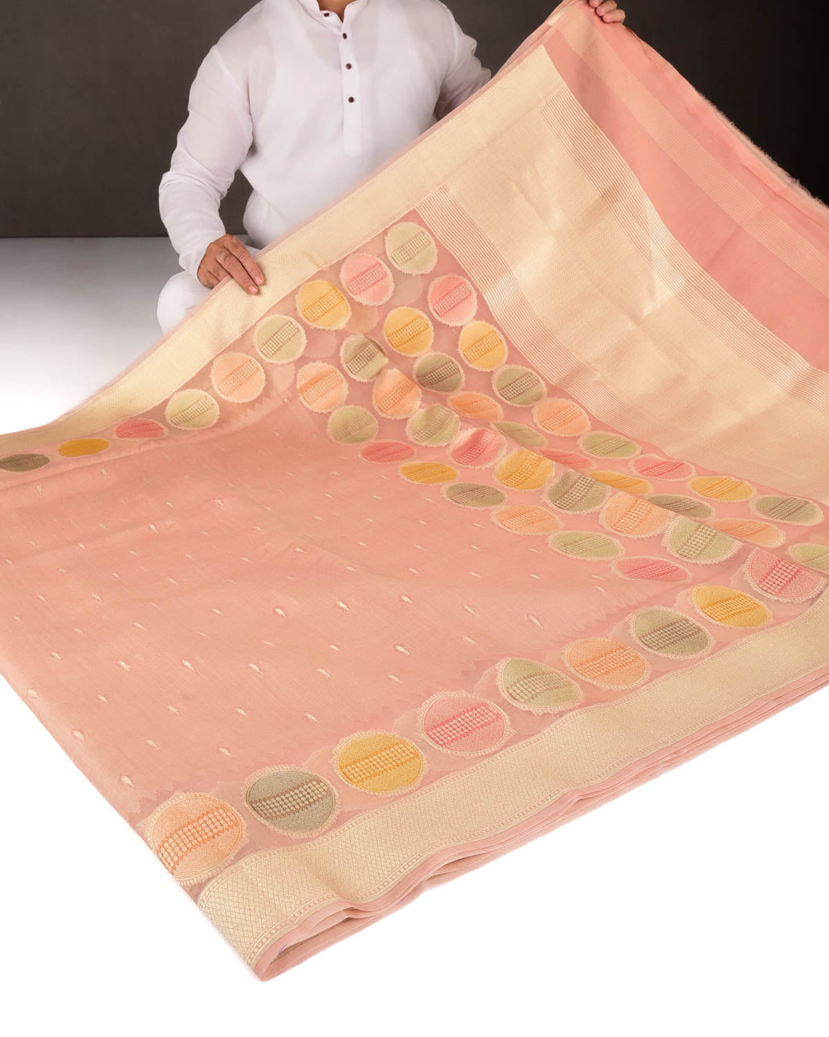 Rosy Brown Gold Zari Buti Hand Brush Dye Spheres Cutwork Brocade Woven Kora Silk Banarasi Saree-HolyWeaves