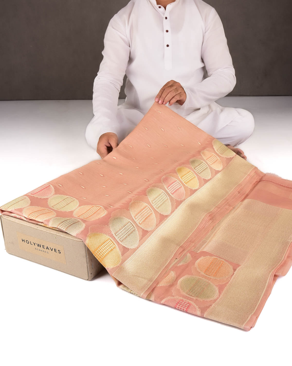 Rosy Brown Gold Zari Buti Hand Brush Dye Spheres Cutwork Brocade Woven Kora Silk Banarasi Saree-HolyWeaves