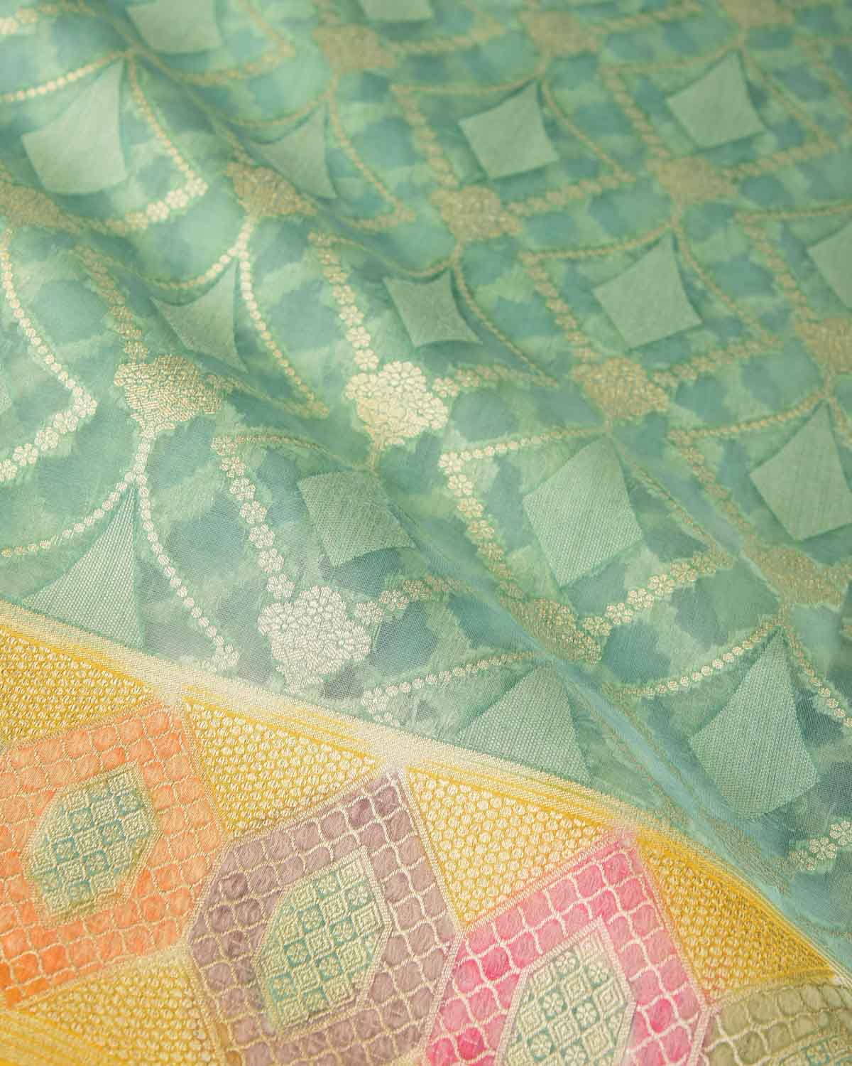Blue Gold Zari Jaal Hand Brush Dye Border Cutwork Brocade Woven Kora Silk Banarasi Saree-HolyWeaves