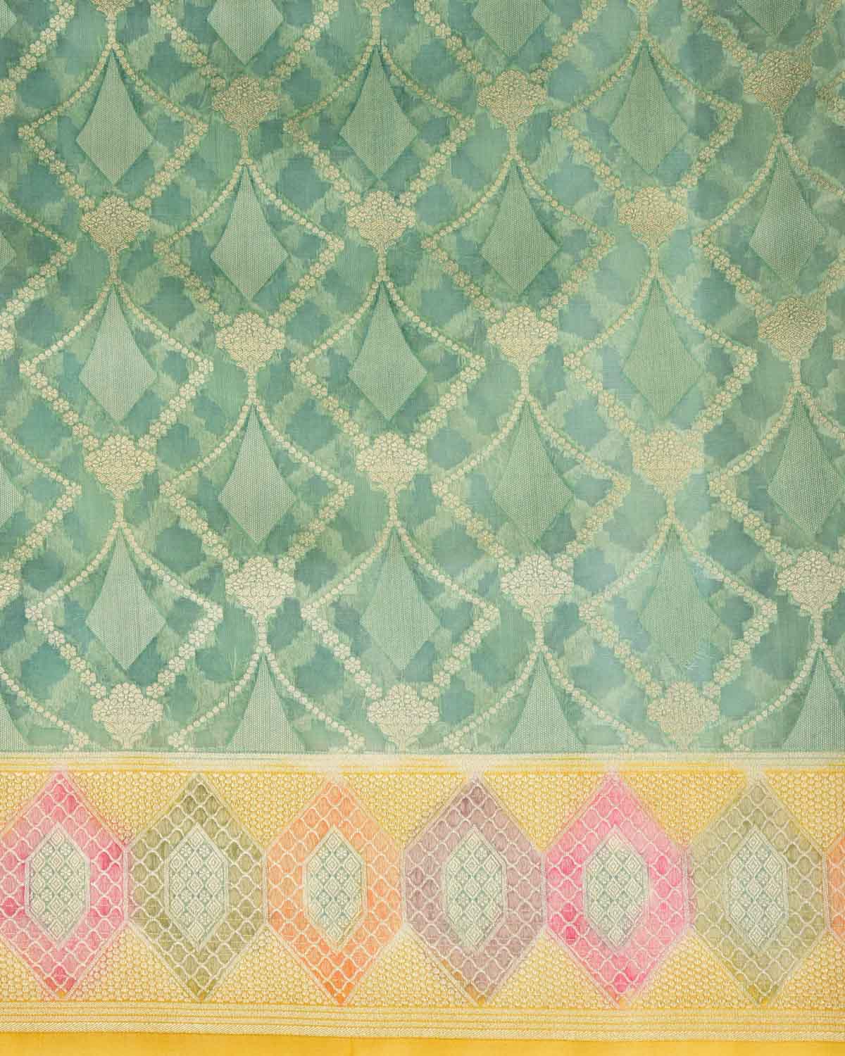 Blue Gold Zari Jaal Hand Brush Dye Border Cutwork Brocade Woven Kora Silk Banarasi Saree-HolyWeaves