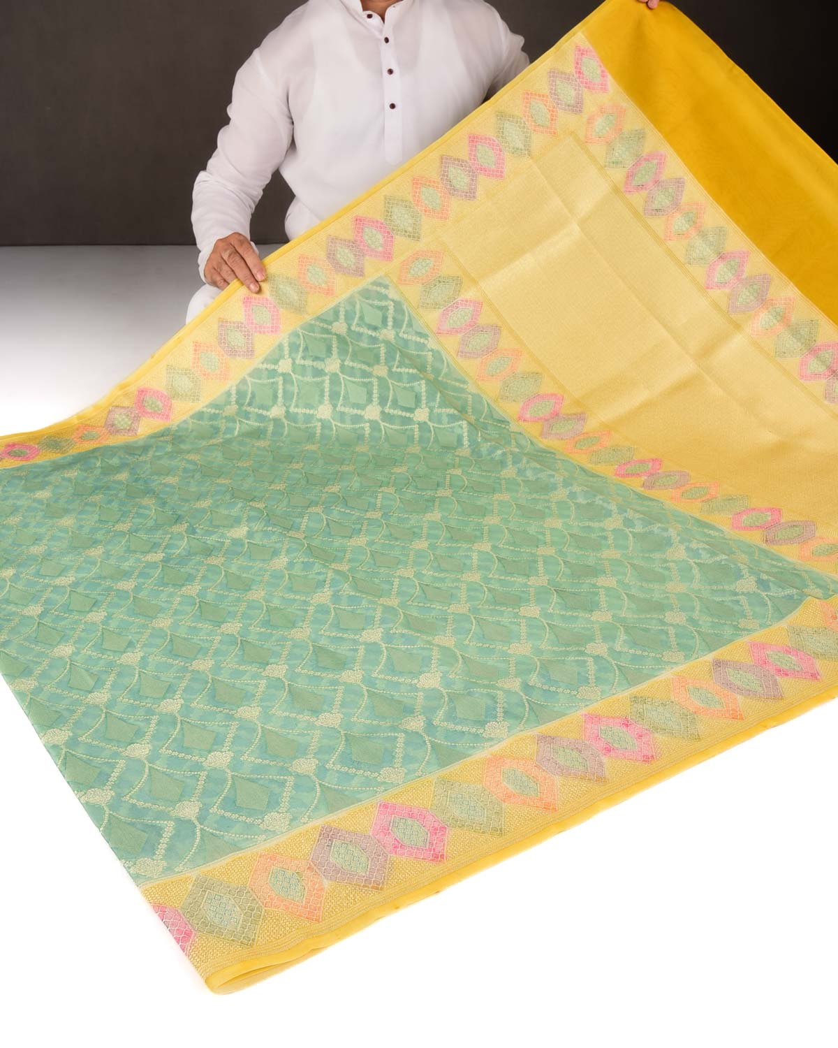 Blue Gold Zari Jaal Hand Brush Dye Border Cutwork Brocade Woven Kora Silk Banarasi Saree-HolyWeaves