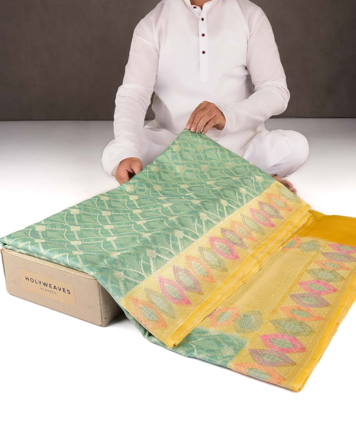 Blue Gold Zari Jaal Hand Brush Dye Border Cutwork Brocade Woven Kora Silk Banarasi Saree-HolyWeaves