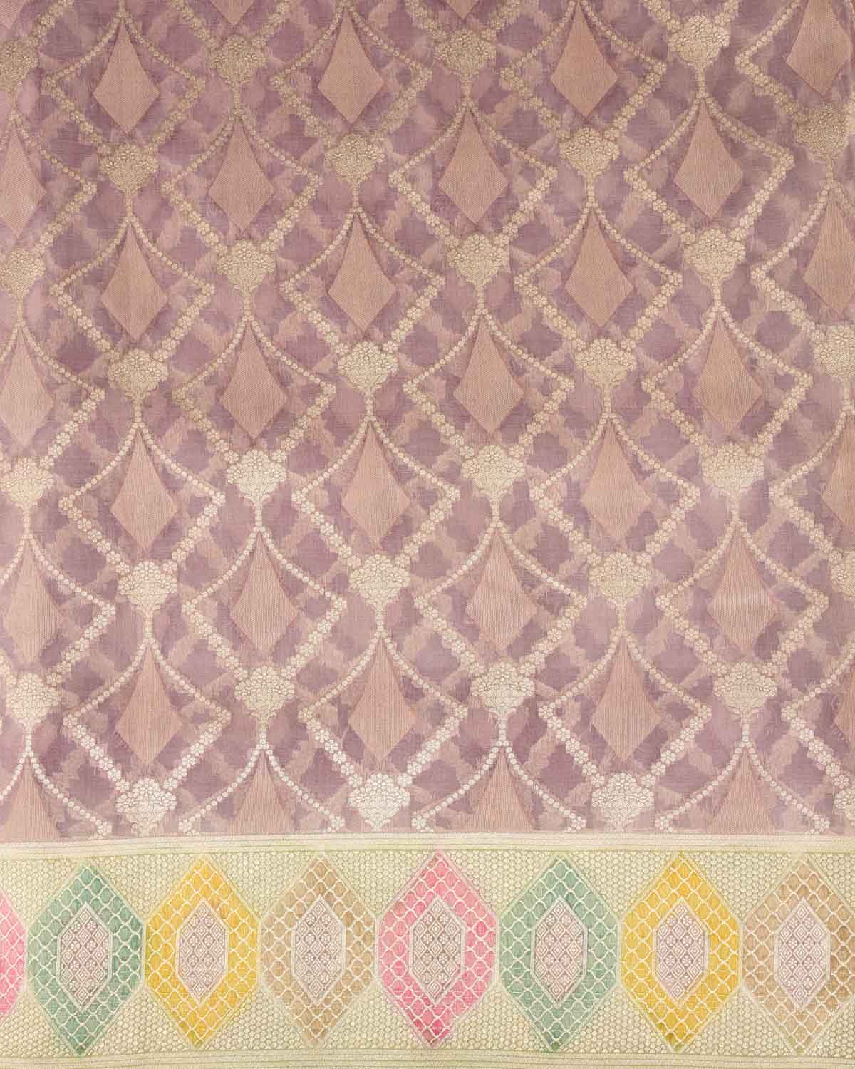 Mauve Gold Zari Jaal Hand Brush Dye Border Cutwork Brocade Woven Kora Silk Banarasi Saree