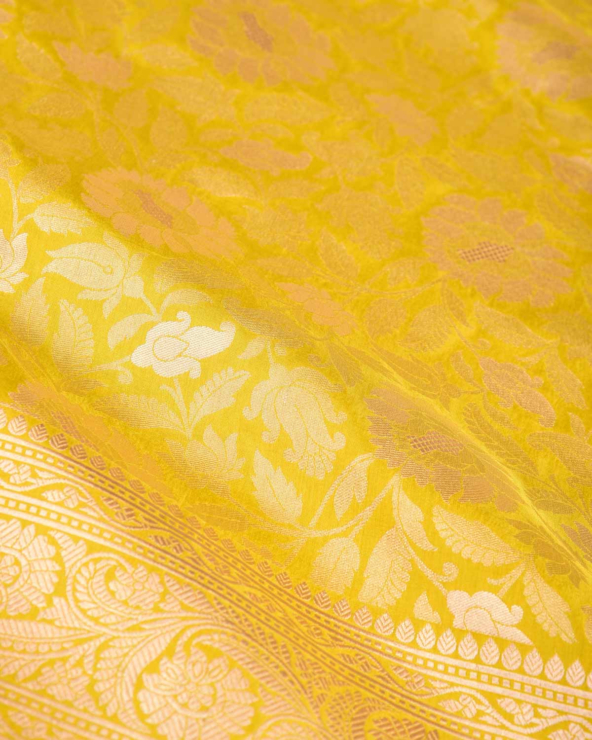 Lime Green Gold Zari Floral Jaal Brocade Handwoven Katan Tissue Banarasi Saree