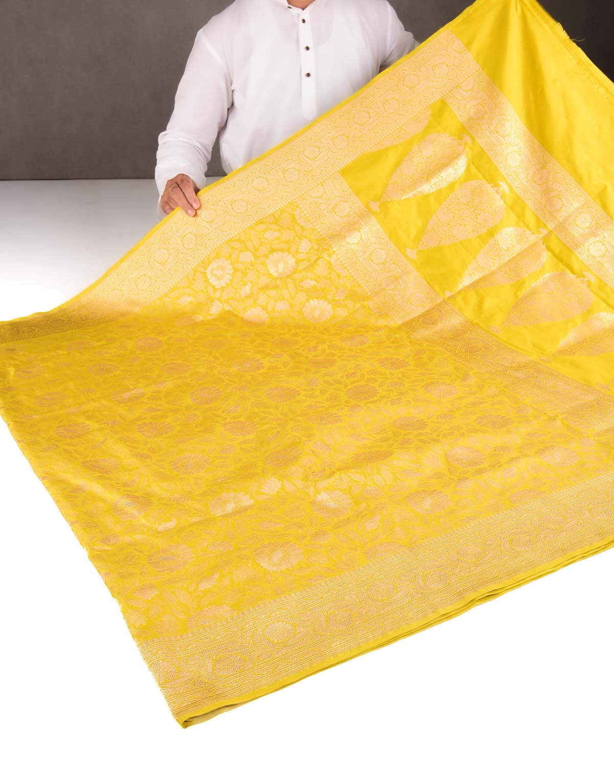 Lime Green Gold Zari Floral Jaal Brocade Handwoven Katan Tissue Banarasi Saree