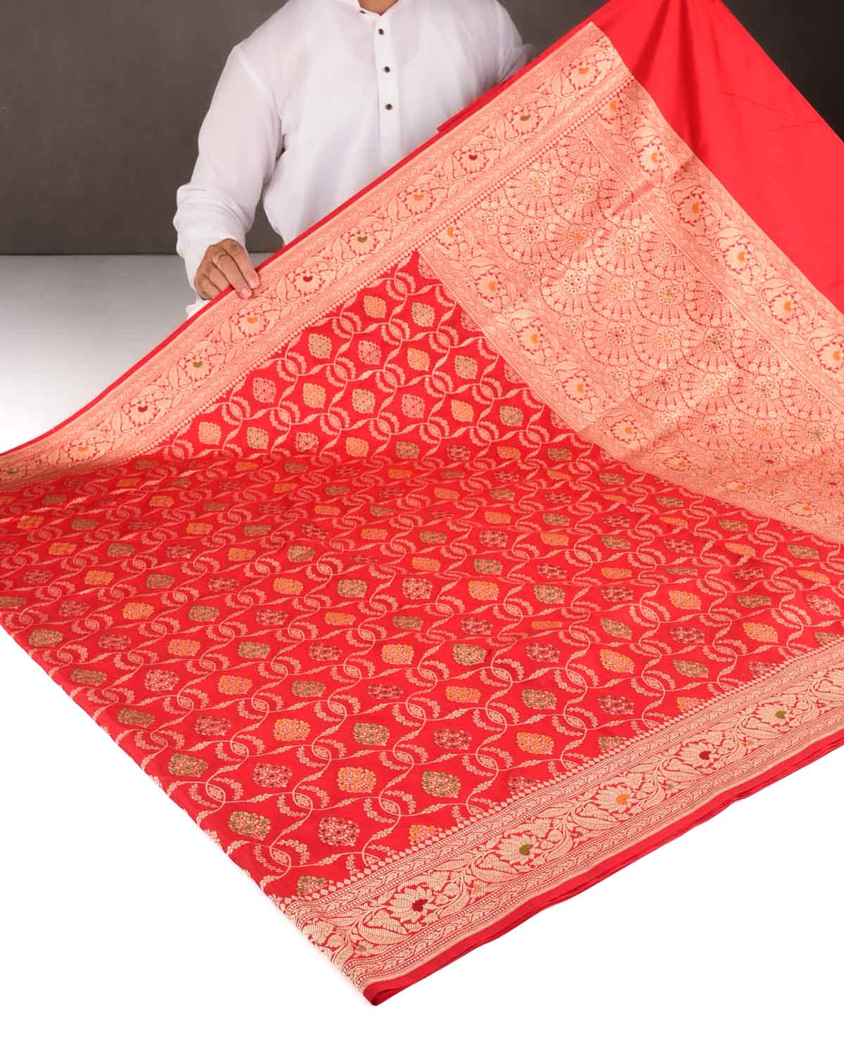 Red Gold Zari Jangla Cutwork Brocade Handwoven Katan Tissue Banarasi Saree
