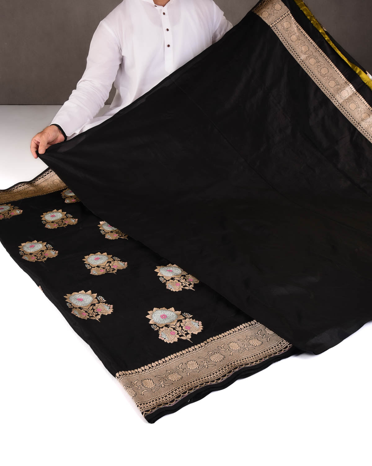 Black Gold & Silver Zari Kamal Buta Cutwork Brocade Handwoven Katan Silk Banarasi Saree-HolyWeaves