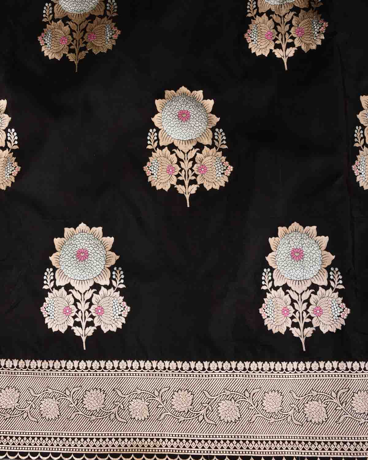 Black Gold & Silver Zari Kamal Buta Cutwork Brocade Handwoven Katan Silk Banarasi Saree-HolyWeaves