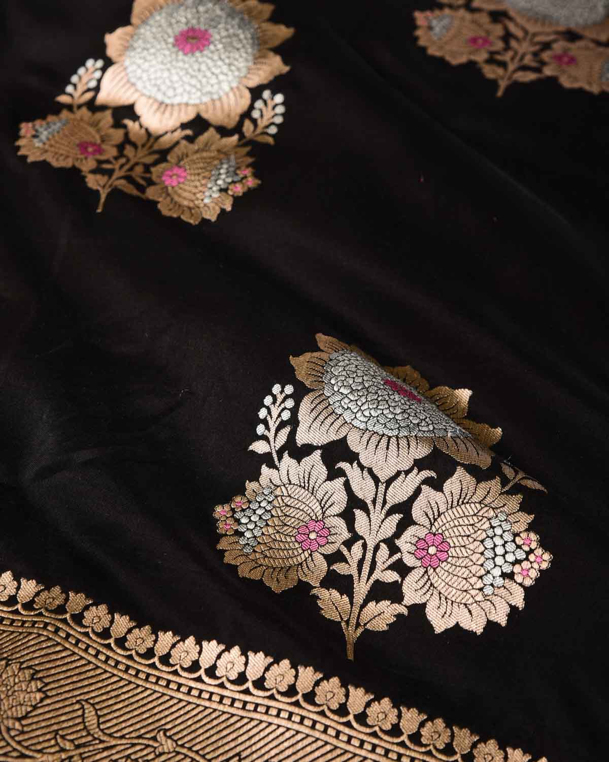 Black Gold & Silver Zari Kamal Buta Cutwork Brocade Handwoven Katan Silk Banarasi Saree-HolyWeaves