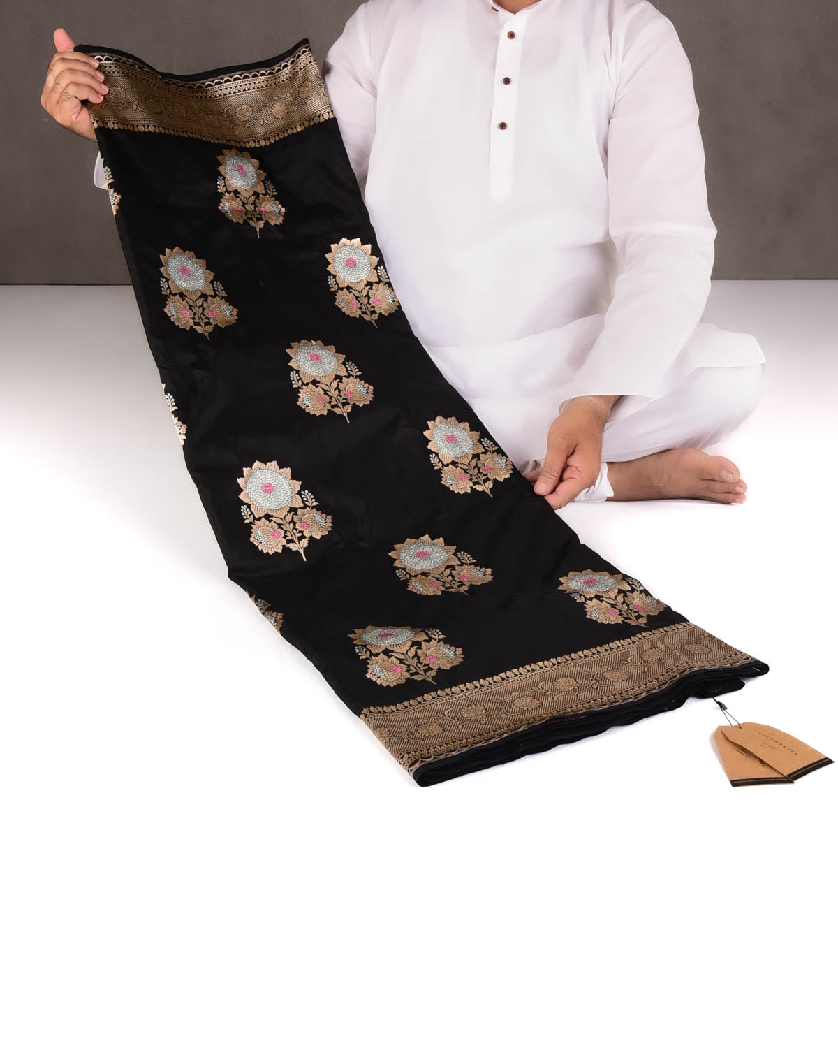 Black Gold & Silver Zari Kamal Buta Cutwork Brocade Handwoven Katan Silk Banarasi Saree-HolyWeaves