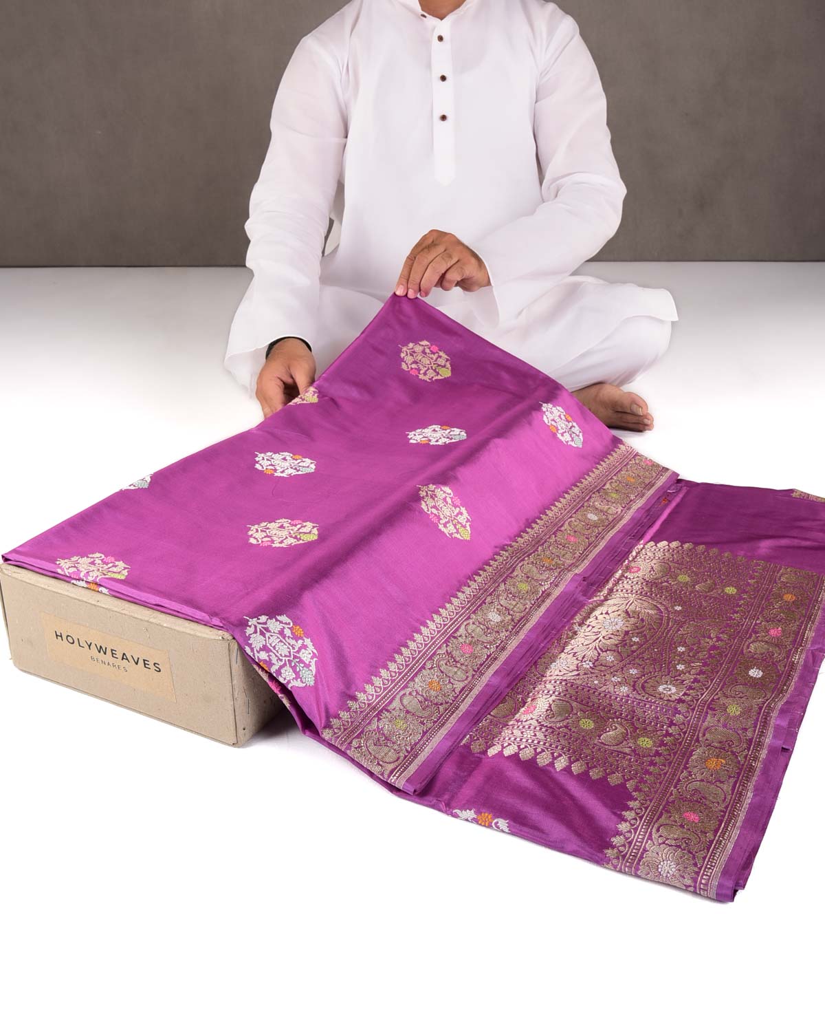 Mauve Gold & Silver Zari & Meenekari Kadhuan Brocade Handwoven Katan Silk Banarasi Saree-HolyWeaves