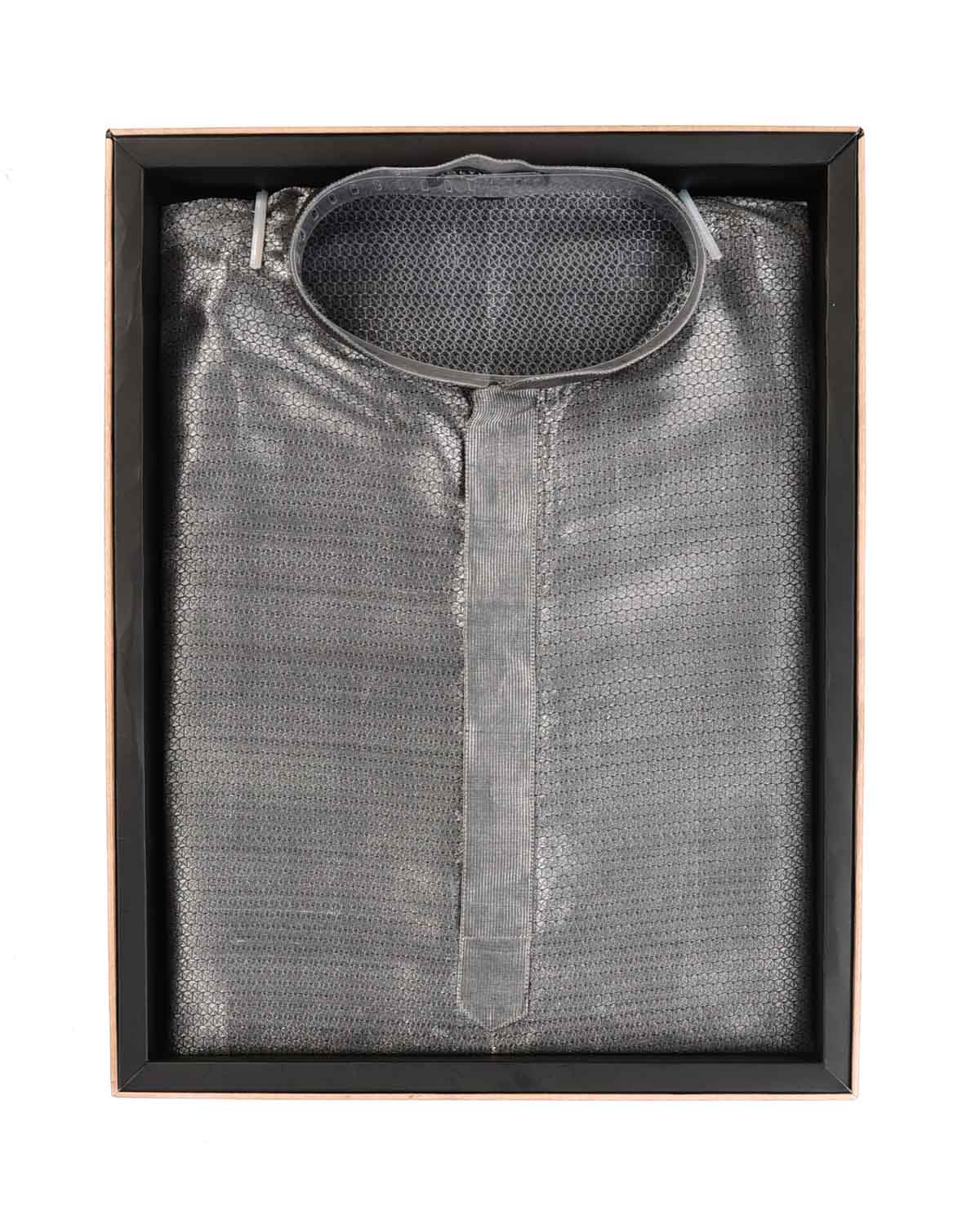 Silver Gray Banarasi Metallic Brocade Handwoven Silk Mens Kurta Pyjama-HolyWeaves