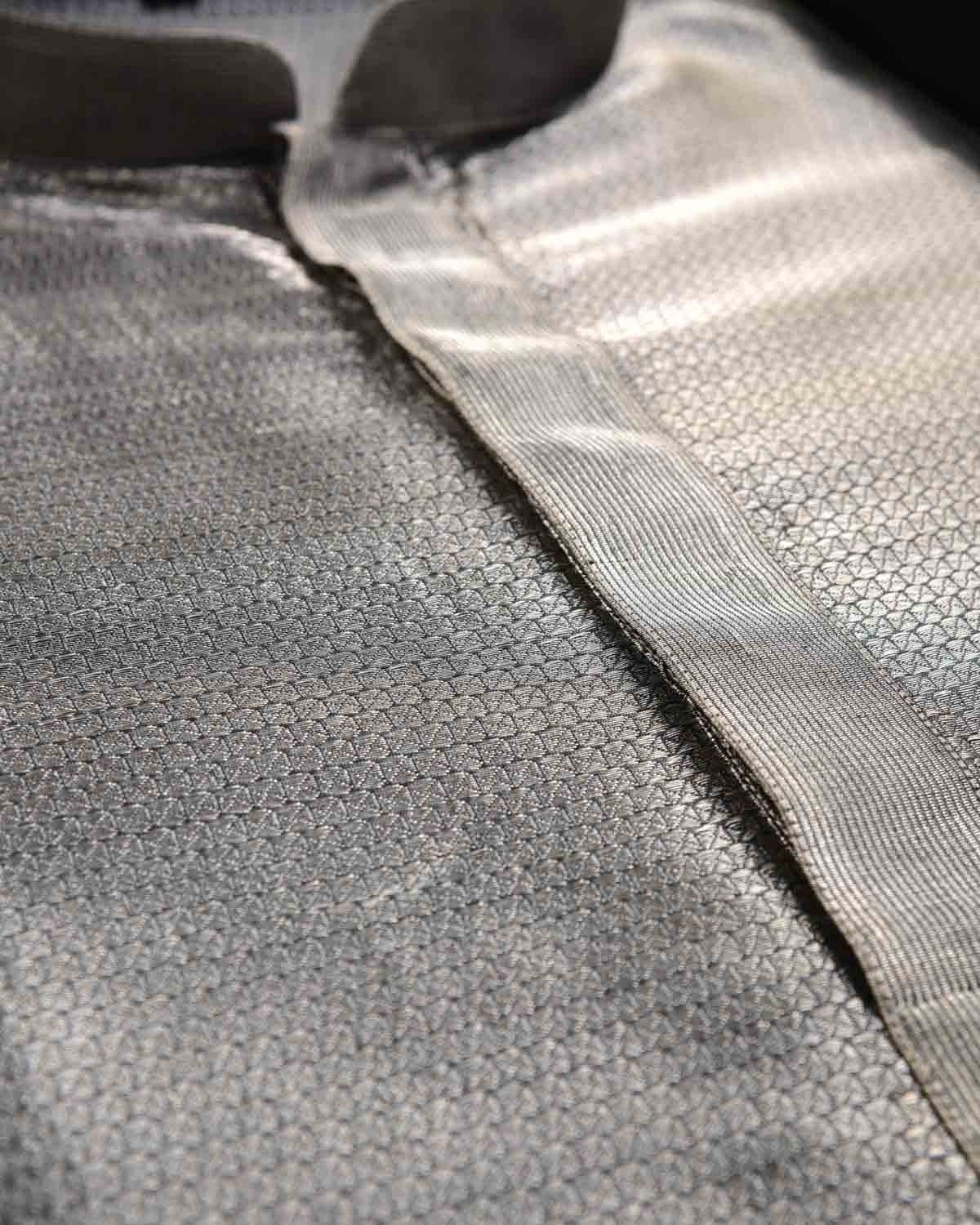 Silver Gray Banarasi Metallic Brocade Handwoven Silk Mens Kurta Pyjama-HolyWeaves