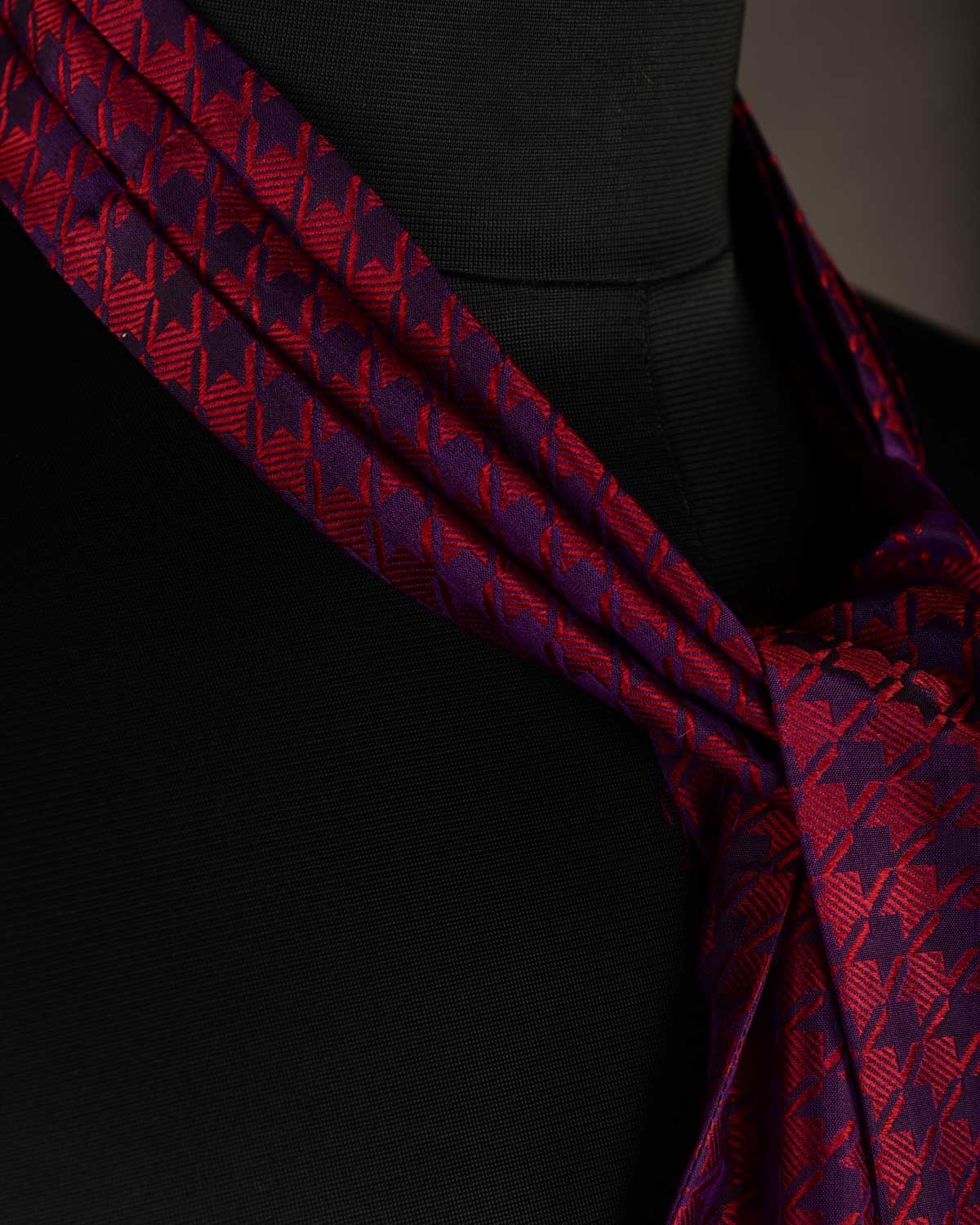 Maroon on Purple Banarasi Houndstooth Tanchoi Handwoven Silk Ascot Tie-HolyWeaves