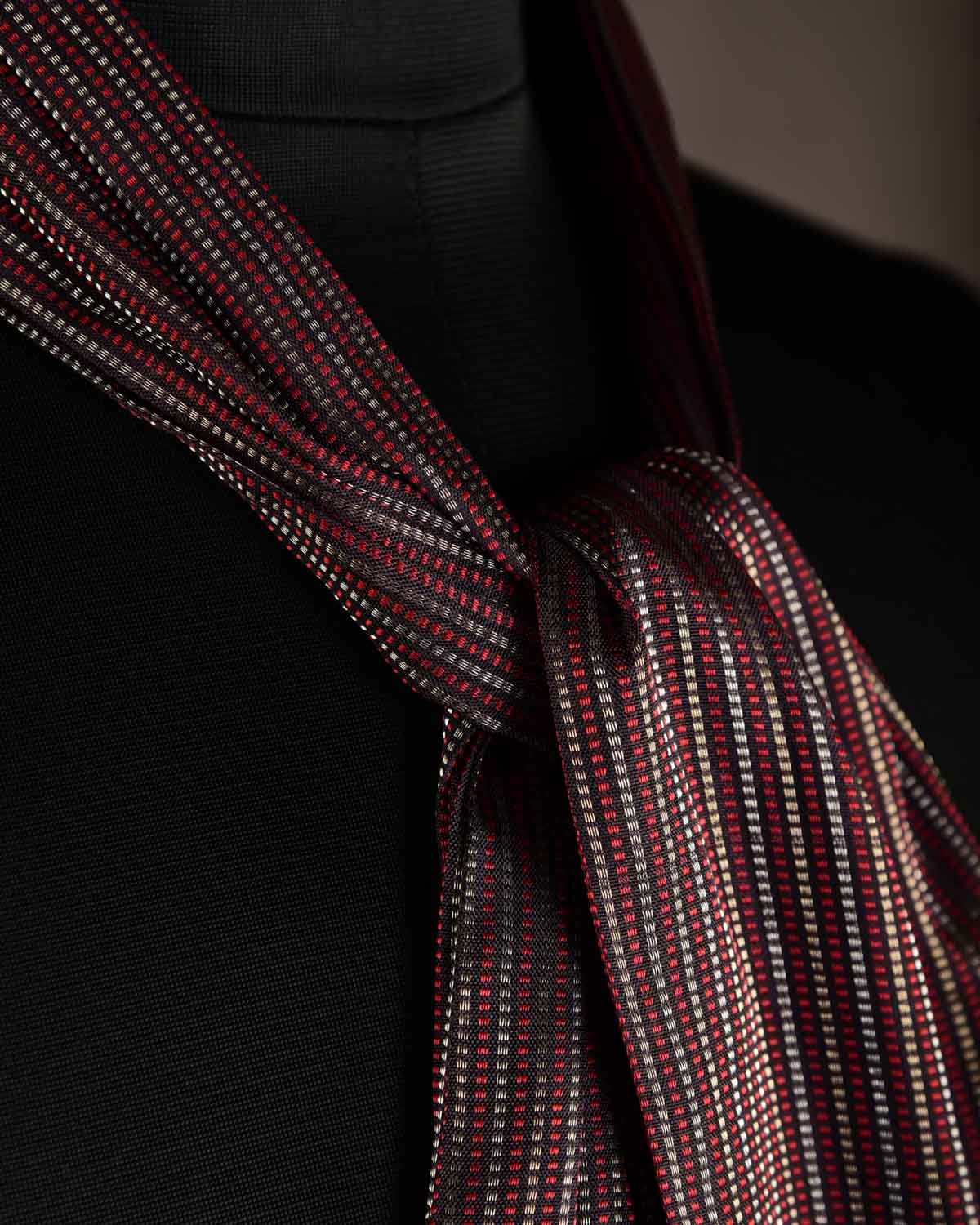Black Red Gold & Silver Dotted Stripes Brocade Handwoven Silk Ascot Tie-HolyWeaves