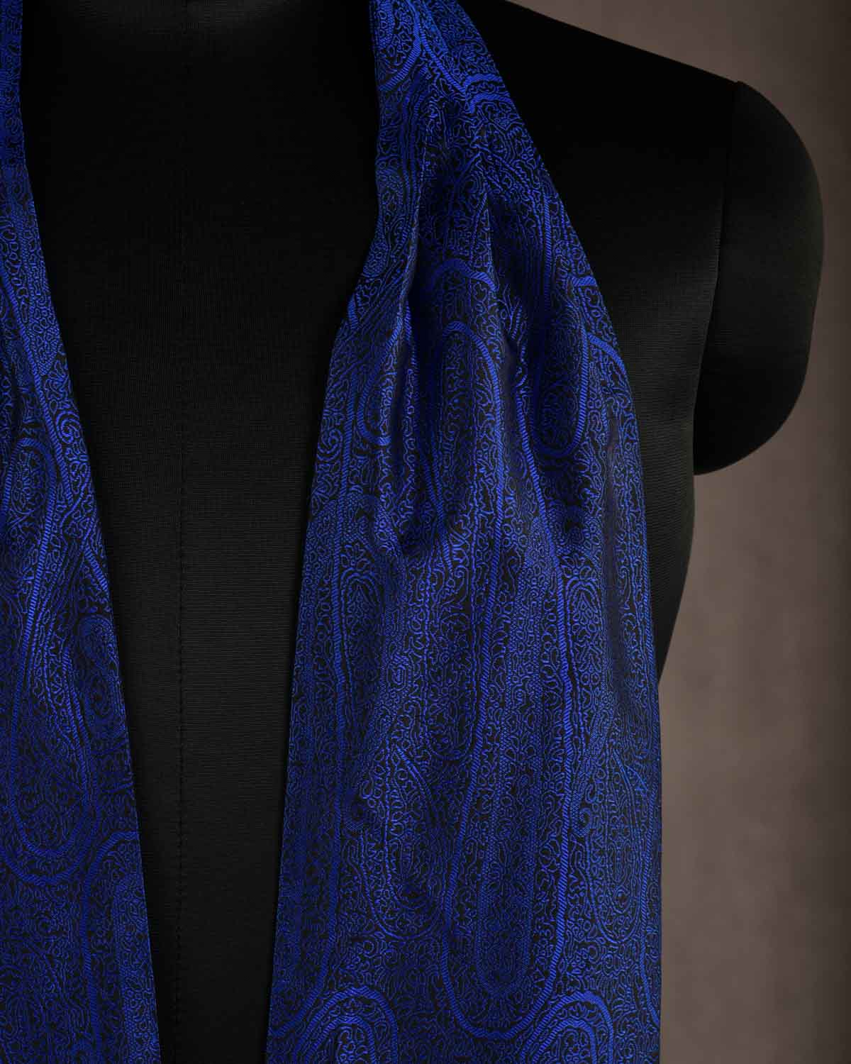 Navy Blue on Black Paisley Tanchoi Handwoven Silk Ascot Tie-HolyWeaves