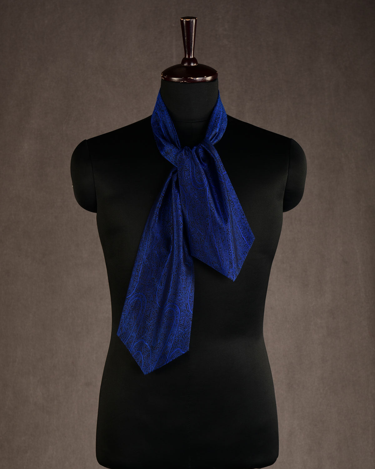 Navy Blue on Black Paisley Tanchoi Handwoven Silk Ascot Tie-HolyWeaves