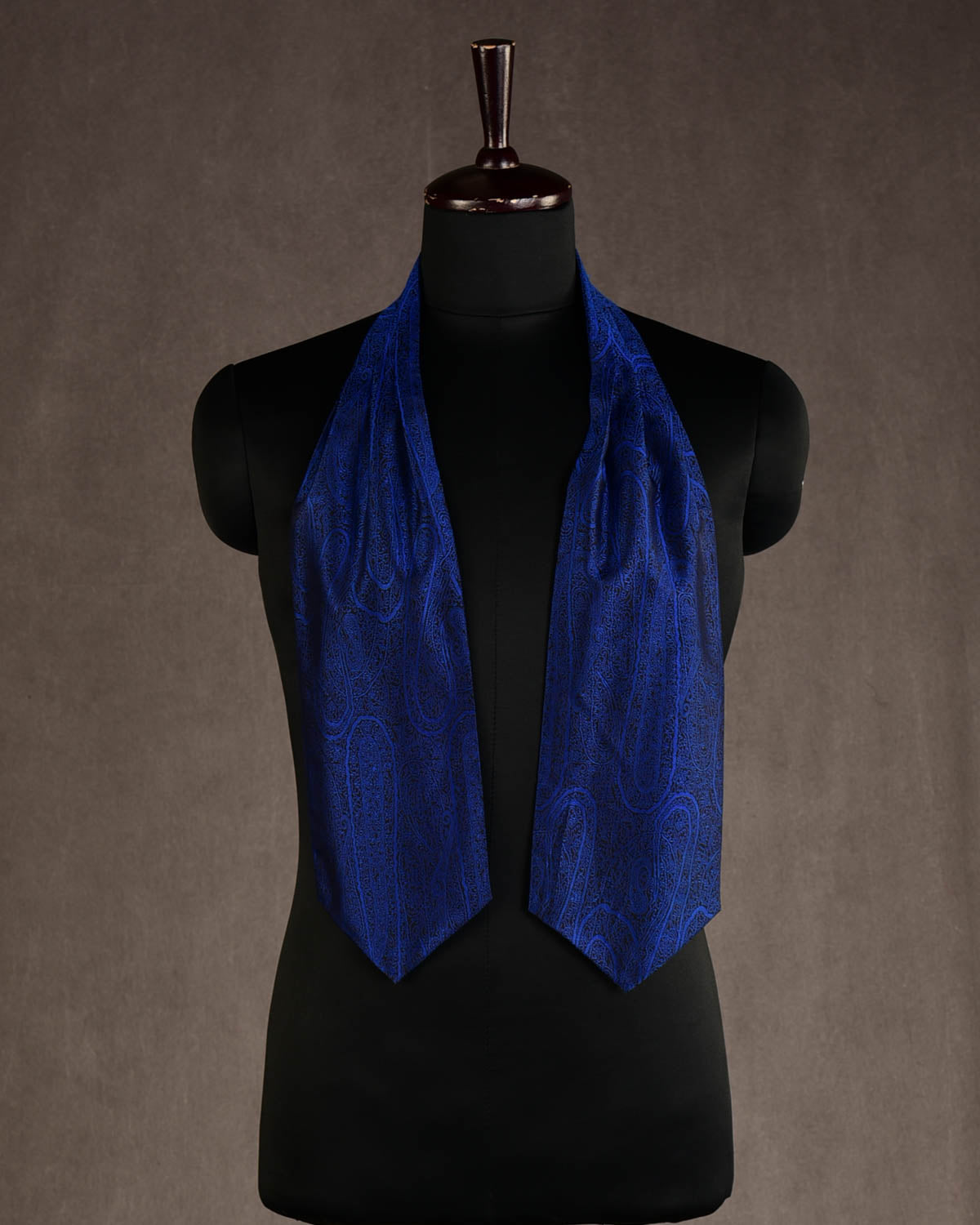 Navy Blue on Black Paisley Tanchoi Handwoven Silk Ascot Tie-HolyWeaves