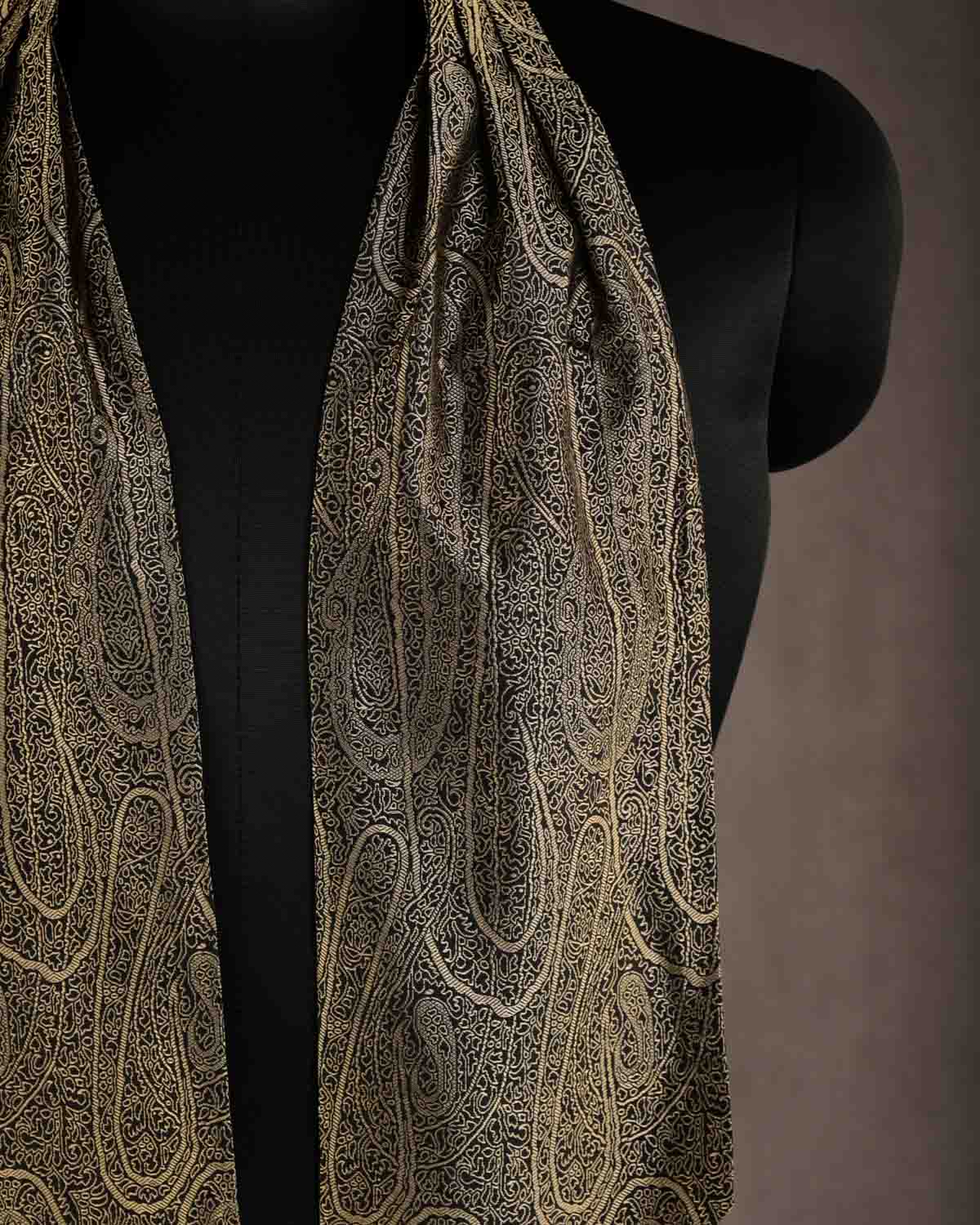 Beige On Black Paisley Tanchoi Handwoven Silk Ascot Tie-HolyWeaves