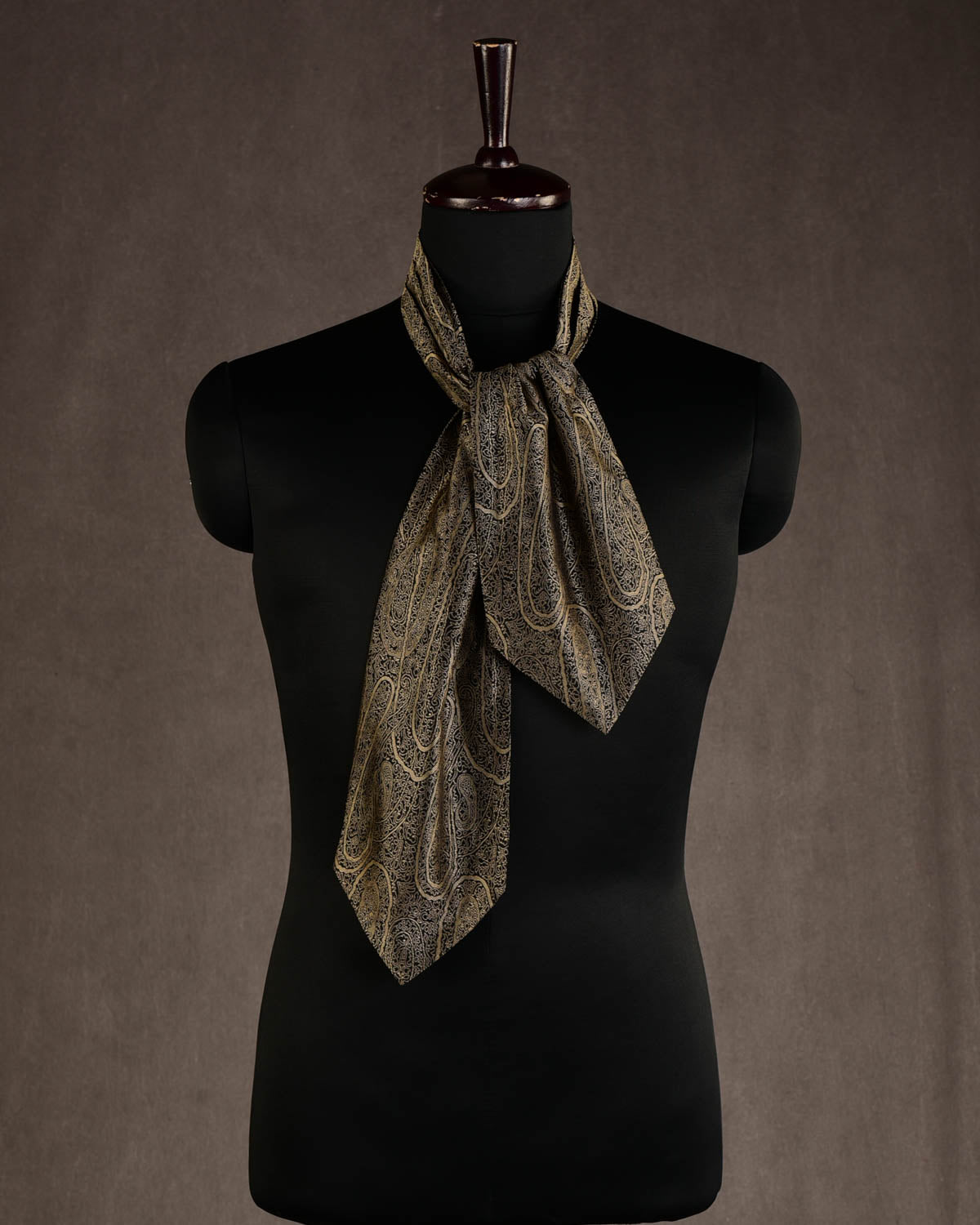 Beige On Black Paisley Tanchoi Handwoven Silk Ascot Tie-HolyWeaves