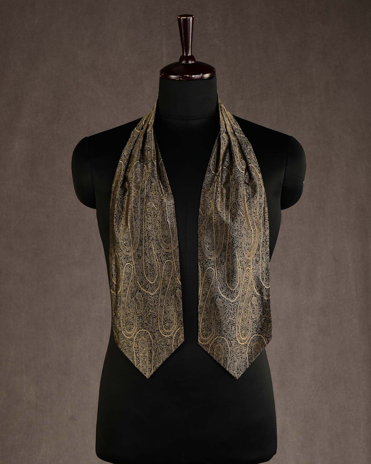 Beige On Black Paisley Tanchoi Handwoven Silk Ascot Tie-HolyWeaves