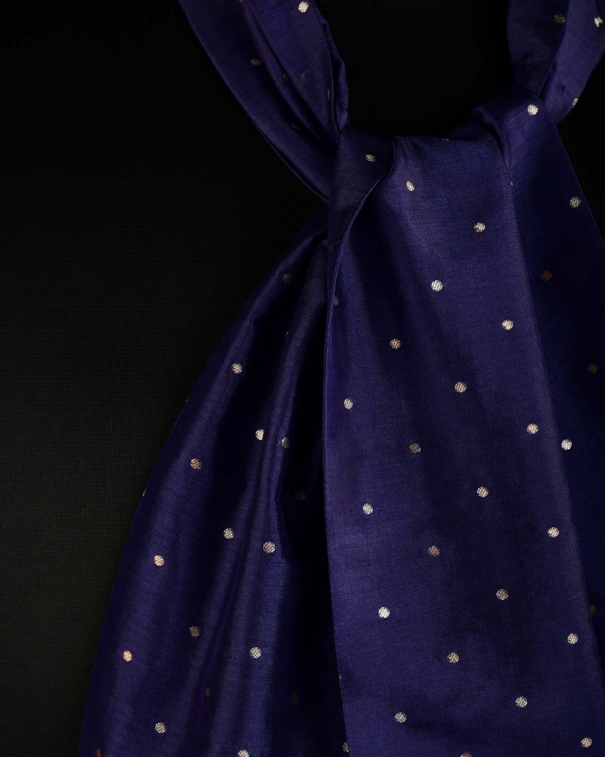 Navy Blue Gold & Silver Zari Polka Dots Brocade Handwoven Silk Ascot Tie-HolyWeaves