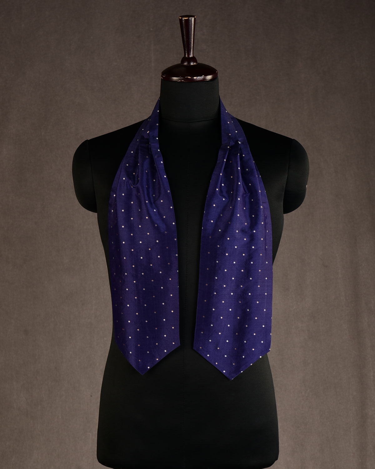 Navy Blue Gold & Silver Zari Polka Dots Brocade Handwoven Silk Ascot Tie-HolyWeaves