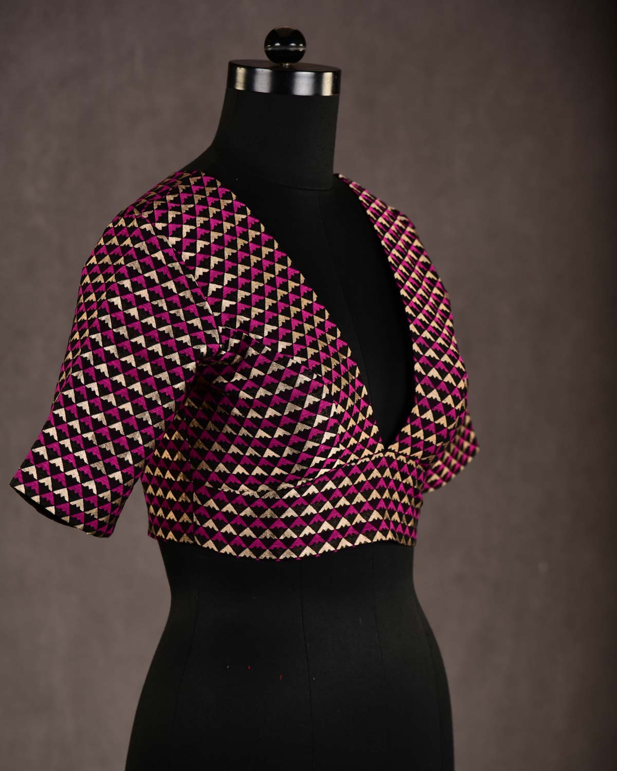Black Gold & Pink Brocade Princess-Cut Deep-Neck Cotton Silk Blouse-HolyWeaves