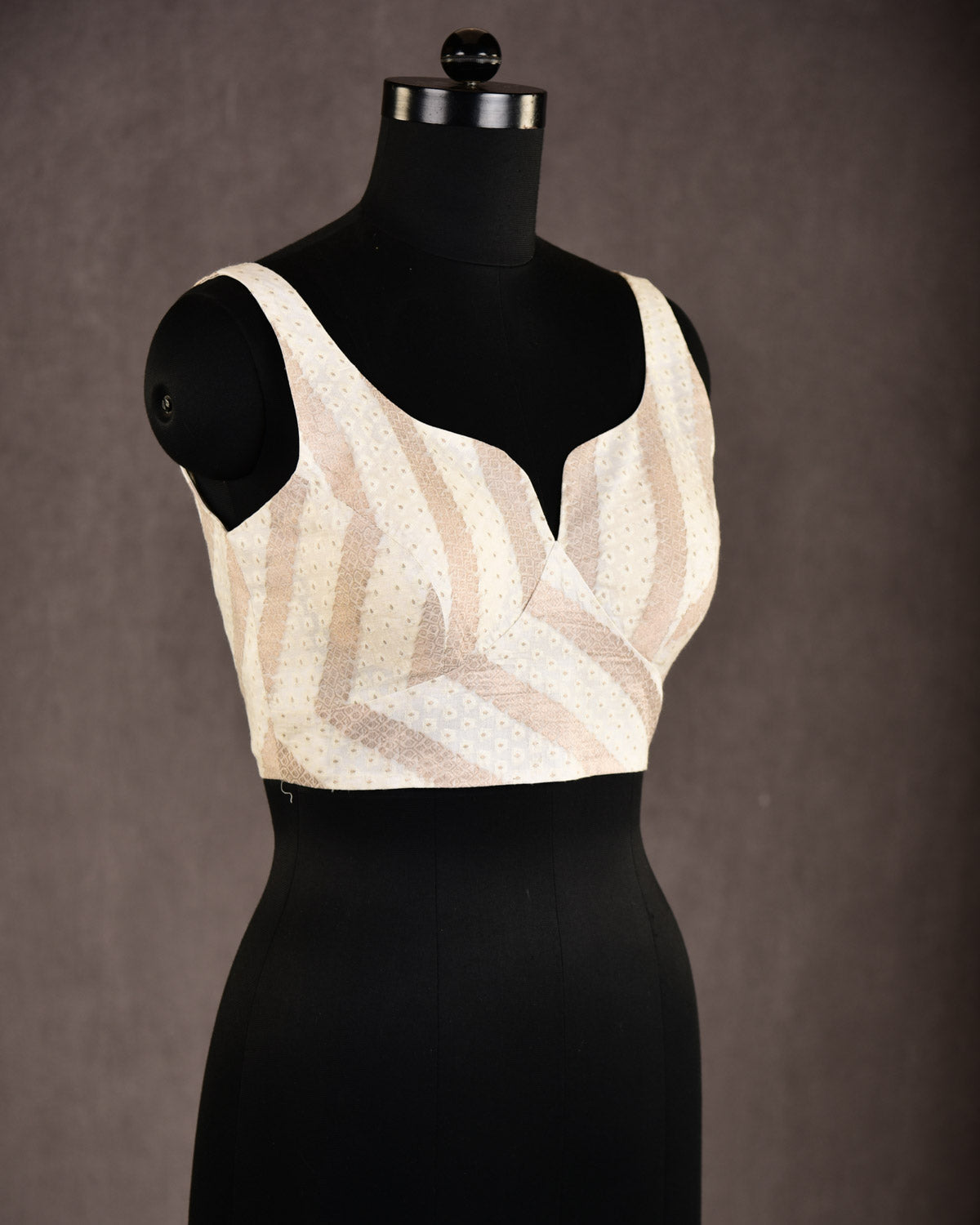 White Gold Zari & Resham Stripes Brocade Princess-Cut Cotton Silk Sleeveless Blouse-HolyWeaves