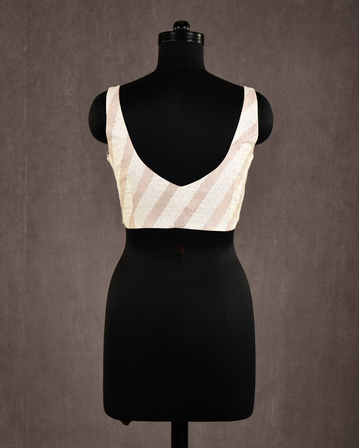 White Gold Zari & Resham Stripes Brocade Princess-Cut Cotton Silk Sleeveless Blouse-HolyWeaves