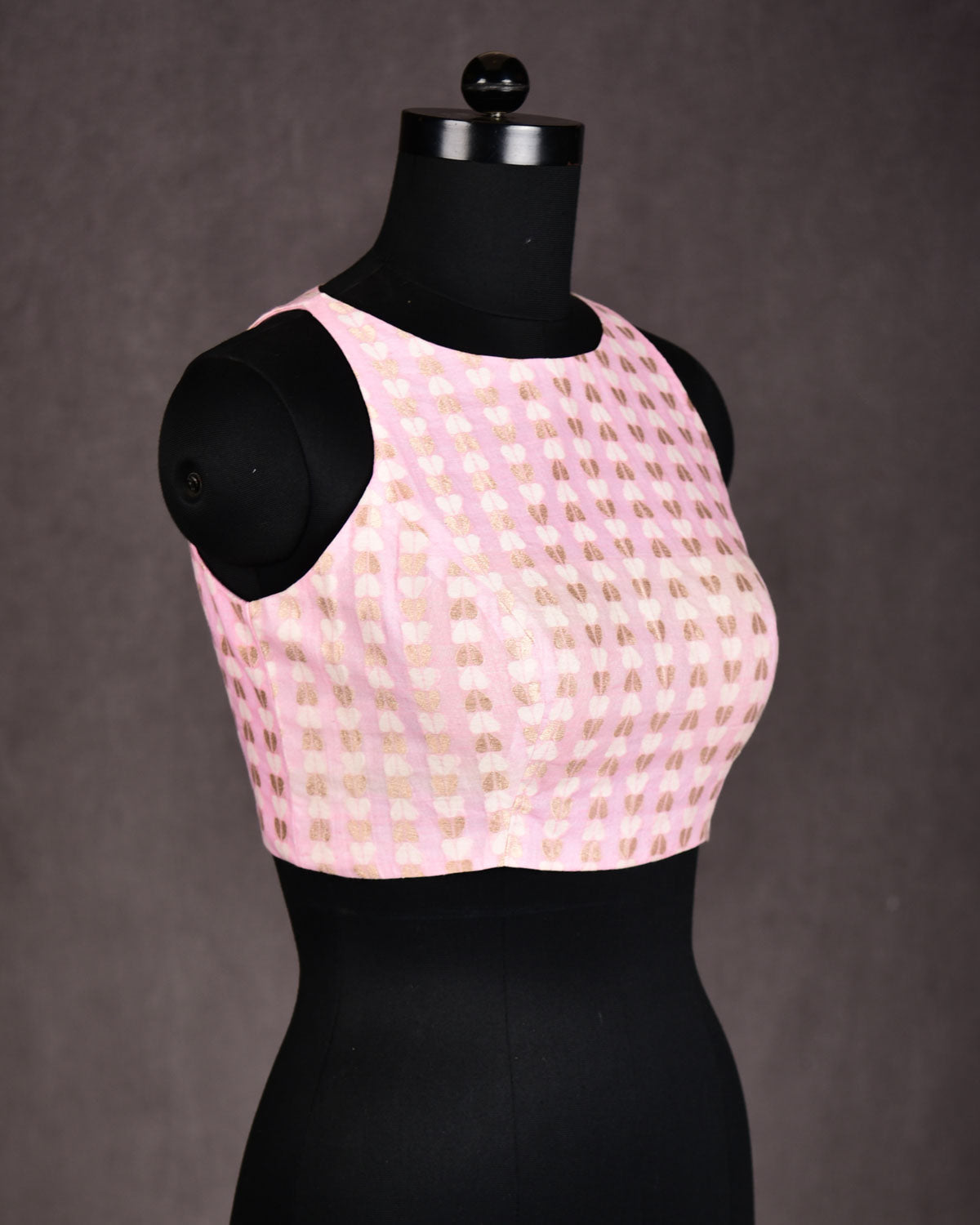 Pink Gold Zari & Resham Leaves Brocade Princess-Cut Boat-Neck Cotton Silk Sleeveless Blouse-HolyWeaves