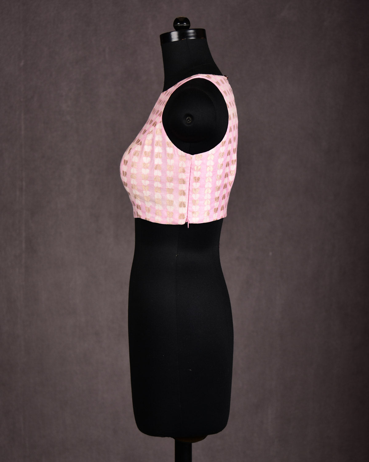 Pink Gold Zari & Resham Leaves Brocade Princess-Cut Boat-Neck Cotton Silk Sleeveless Blouse-HolyWeaves