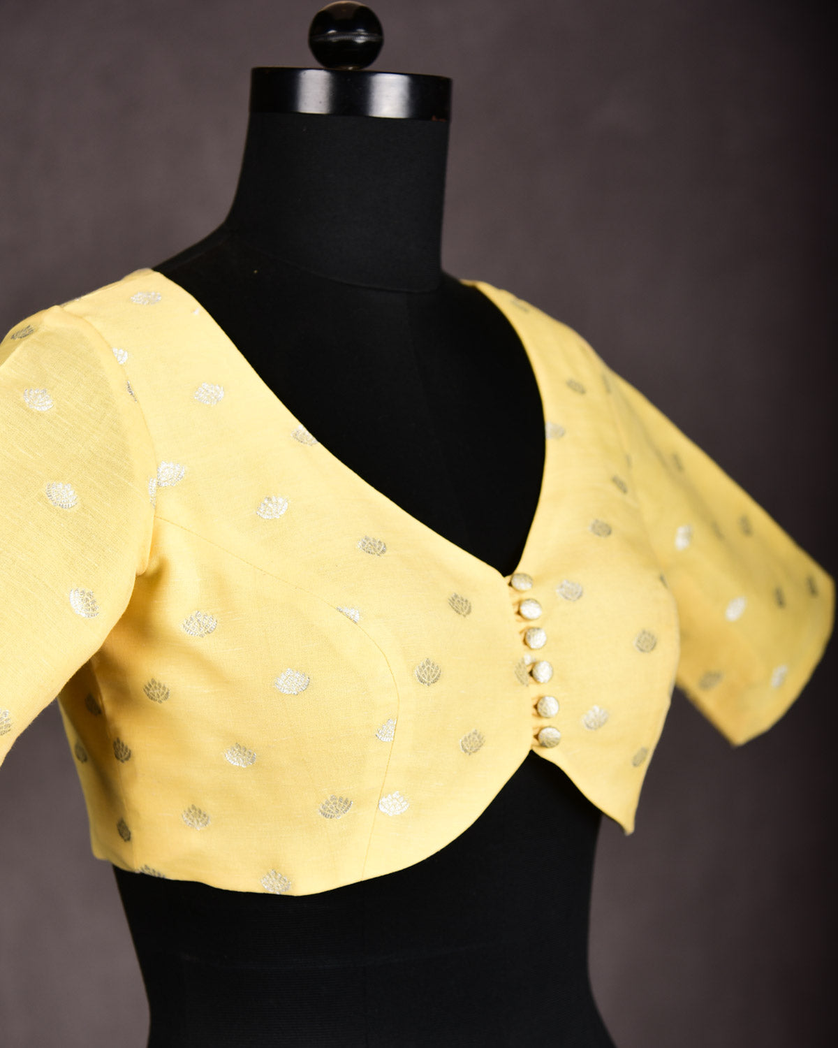 Yellow Silver Zari Buti Brocade Princess-Cut V-Neck Cotton Silk Blouse-HolyWeaves