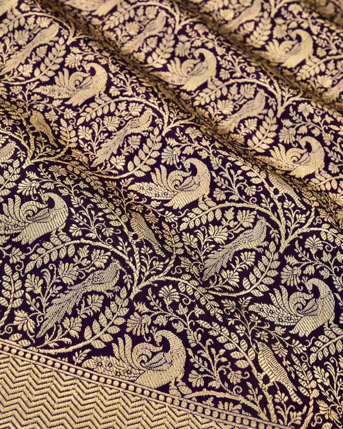 Midnight Purple Banarasi Peacock & Sparrow Shikargah Brocade Handwoven Katan Silk Dupatta-HolyWeaves