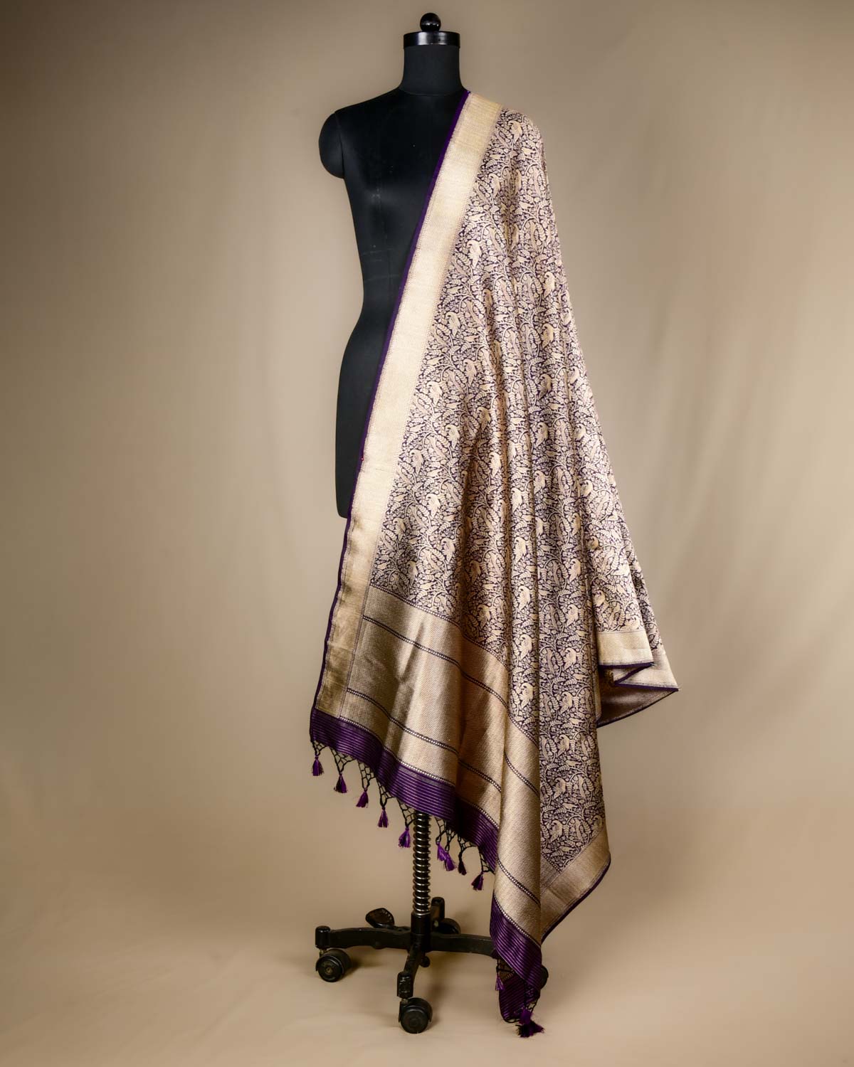 Midnight Purple Banarasi Peacock & Sparrow Shikargah Brocade Handwoven Katan Silk Dupatta-HolyWeaves