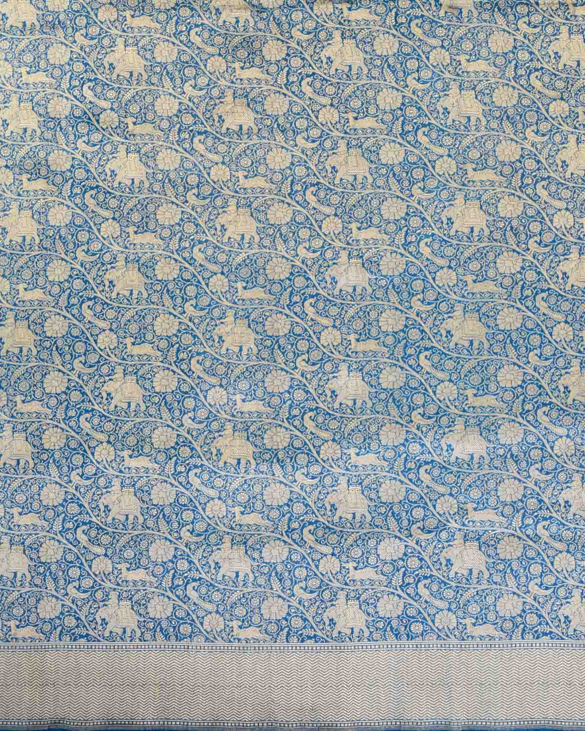 Peacock Blue Banarasi Elephant Deer Peacock & Maharaja Shikargah Brocade Handwoven Katan Silk Dupatta-HolyWeaves