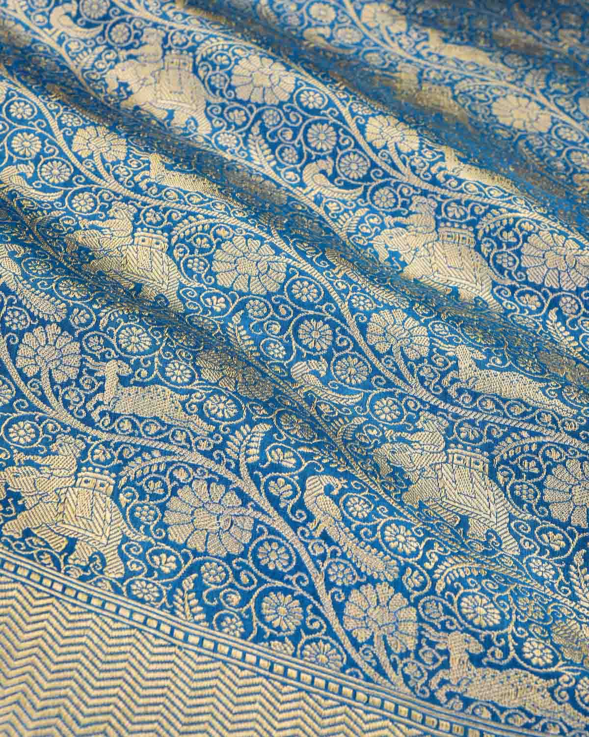 Peacock Blue Banarasi Elephant Deer Peacock & Maharaja Shikargah Brocade Handwoven Katan Silk Dupatta-HolyWeaves