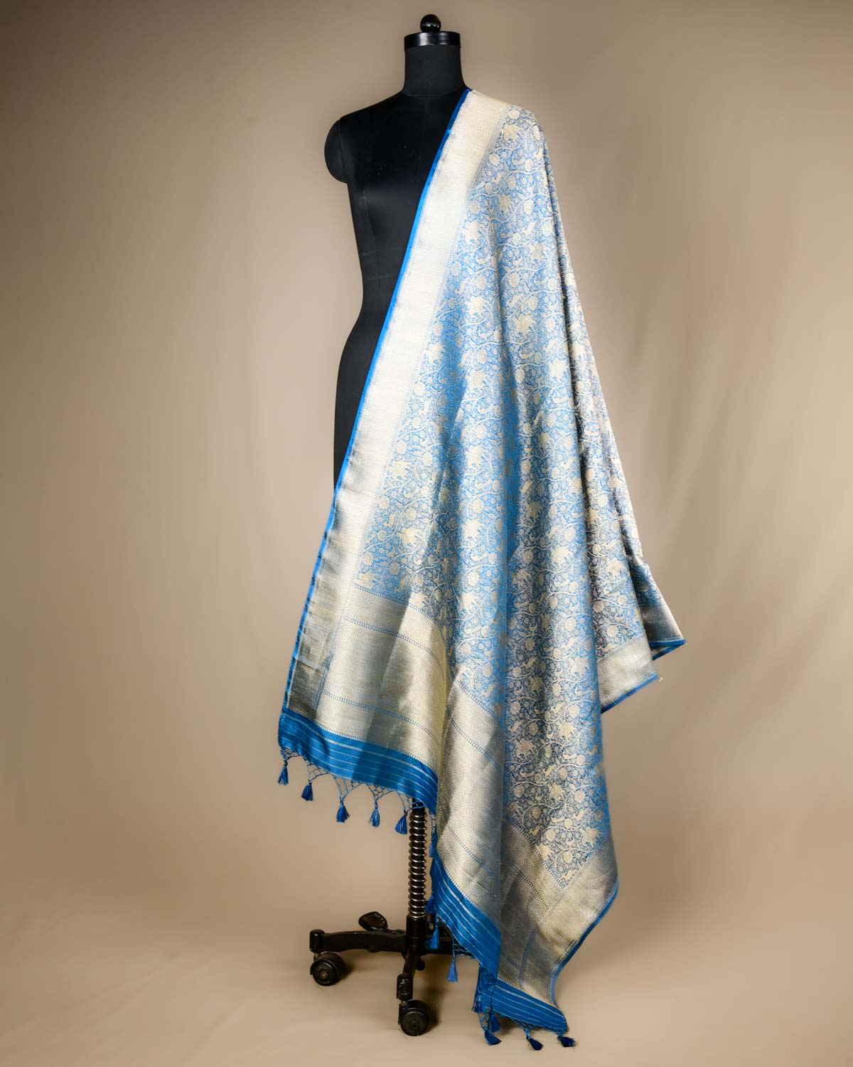 Peacock Blue Banarasi Elephant Deer Peacock & Maharaja Shikargah Brocade Handwoven Katan Silk Dupatta-HolyWeaves