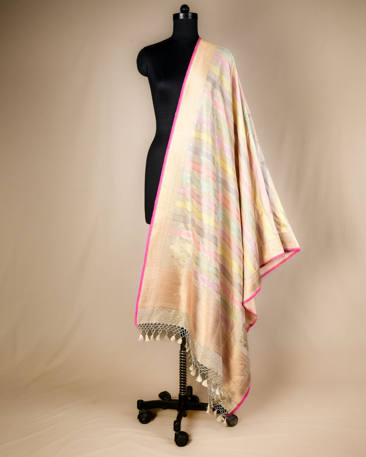 Beige Banarasi Multi-color Stripes Rangkaat Handwoven Katan Silk Dupatta with Koniya Buta-HolyWeaves