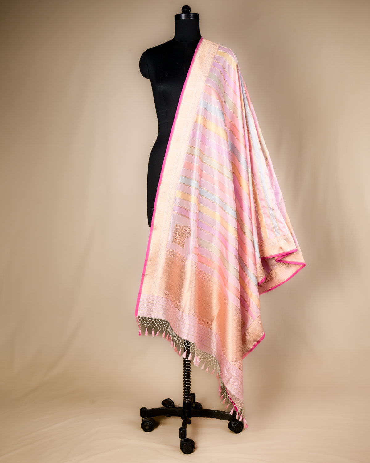 Multi on Pink Banarasi Rangkaat Handwoven Katan Silk Dupatta with Koniya Buta-HolyWeaves