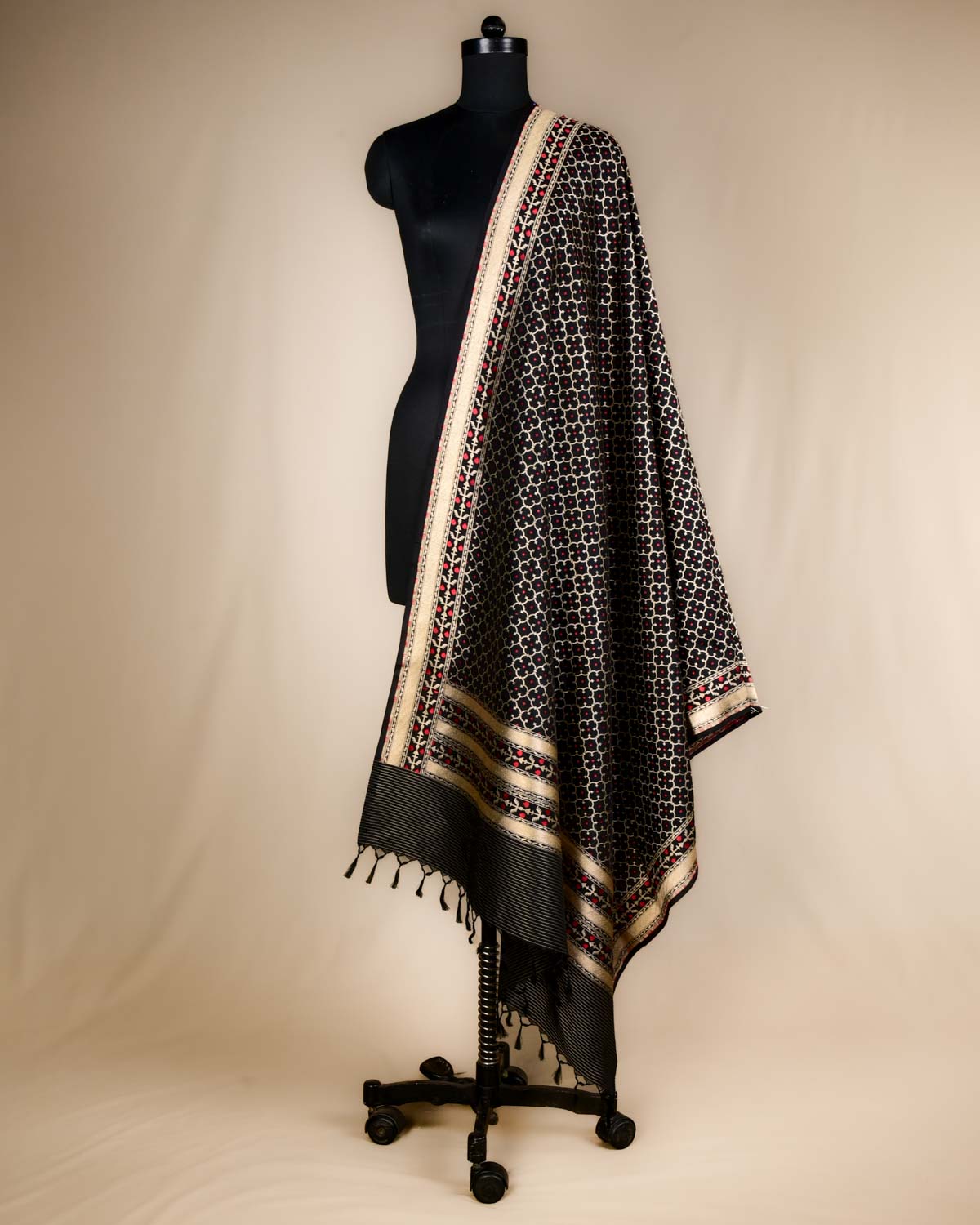 Black Banarasi Moroccon Grids Gold Zari Cutwork Brocade Handwoven Katan Silk Dupatta-HolyWeaves
